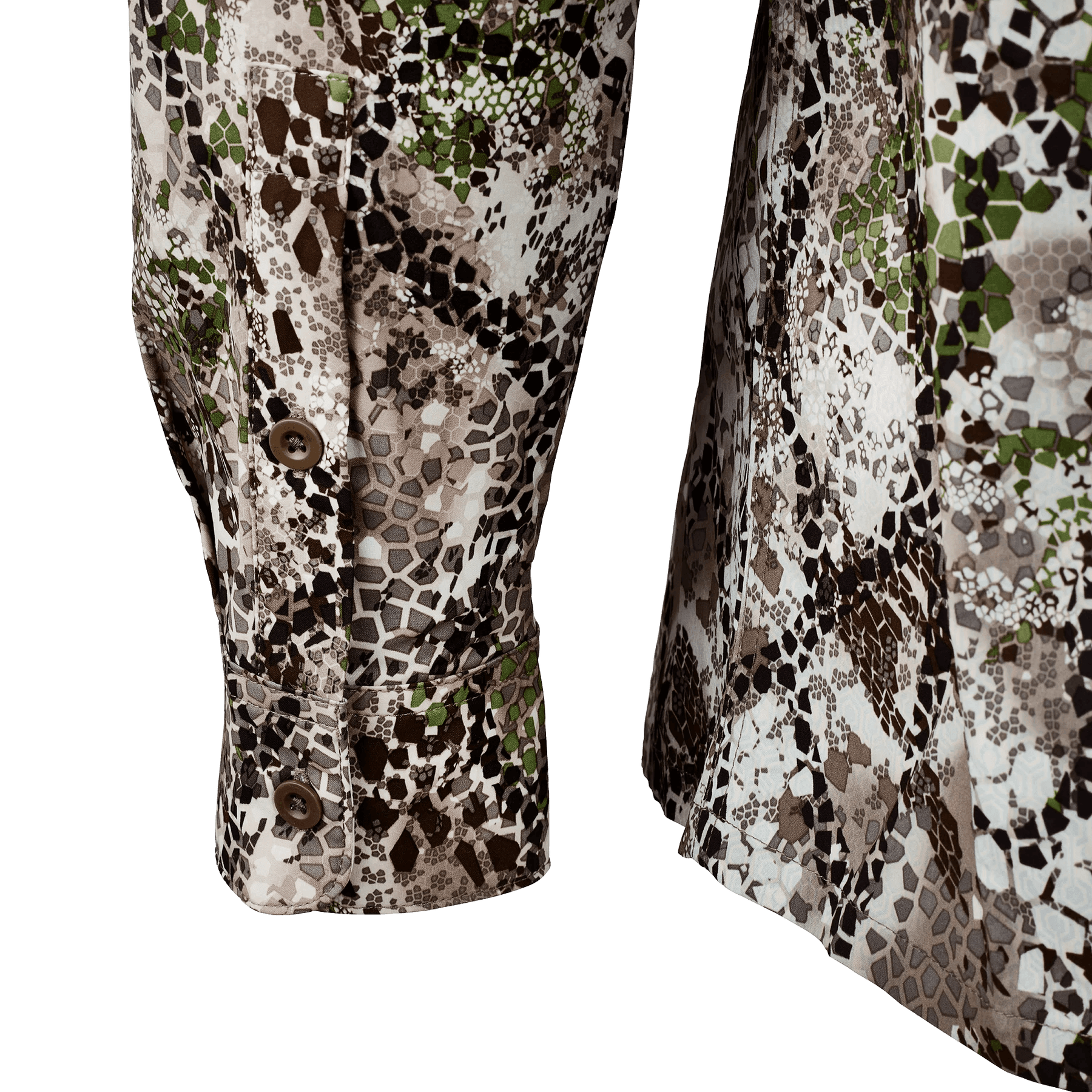 Badlands Algus button down shirt sleeve close-up with green and brown camo pattern