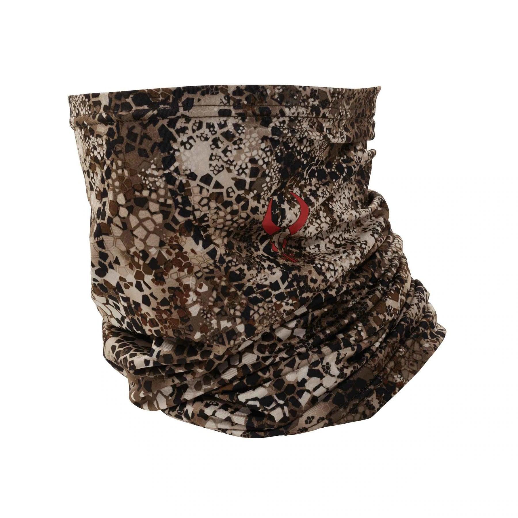 Badlands Algus neck gaiter with brown camo pattern on white background