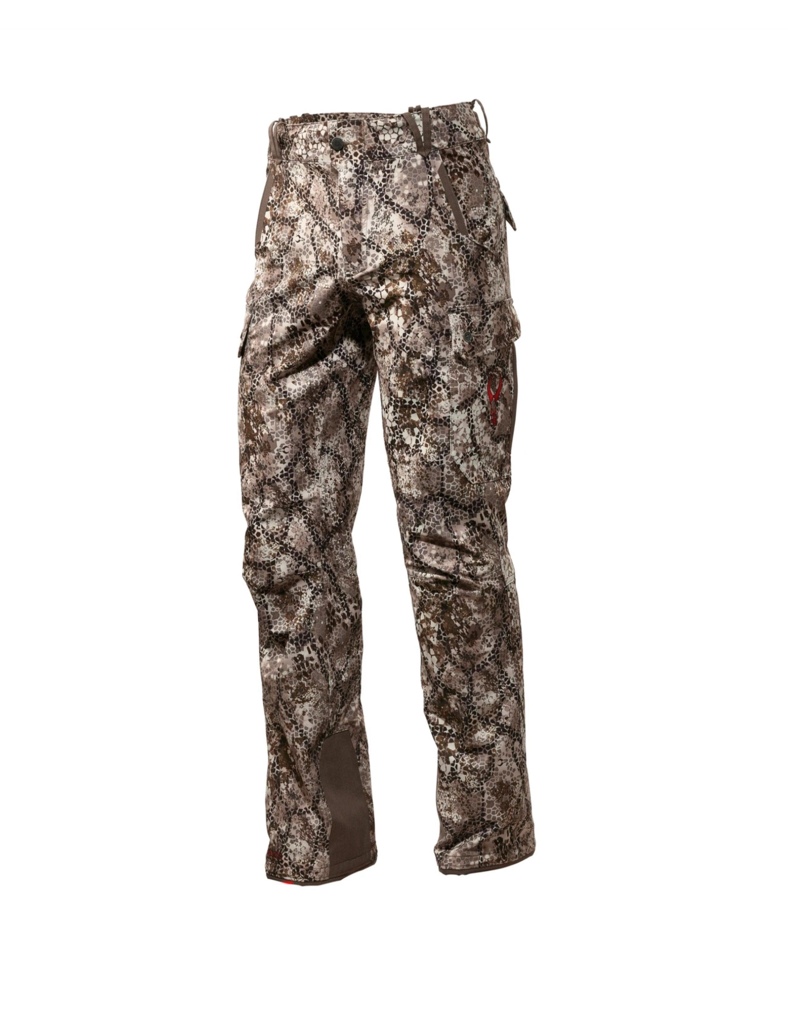 Badlands Algus camo hunting pants with multi-tone camouflage pattern on white background