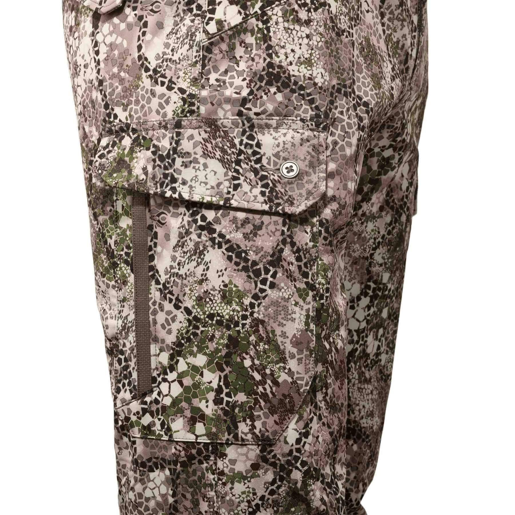 Close-up of Badlands Algus pant with multi-color camouflage pattern and cargo pocket