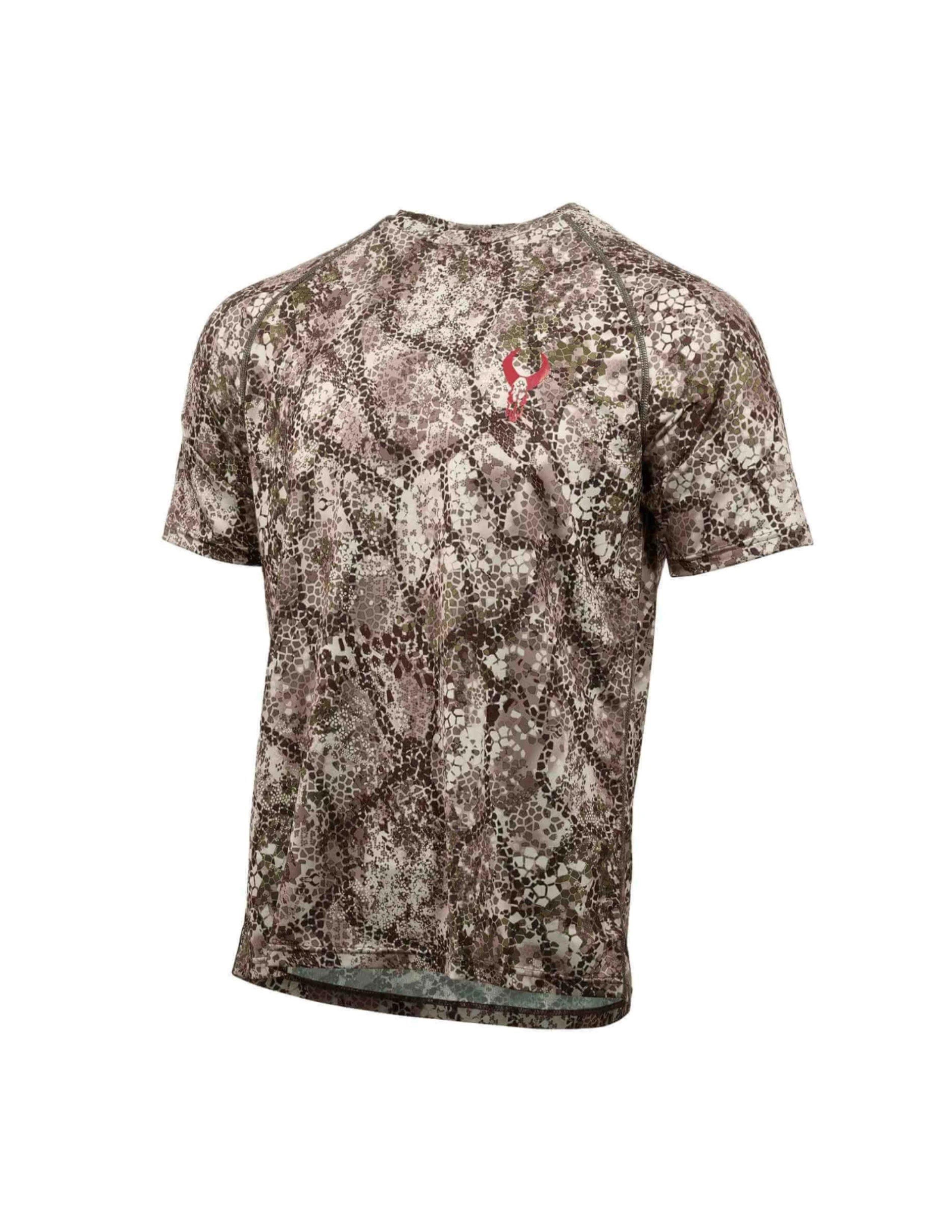 Badlands Algus short sleeve crew camo shirt with logo, outdoor sports apparel