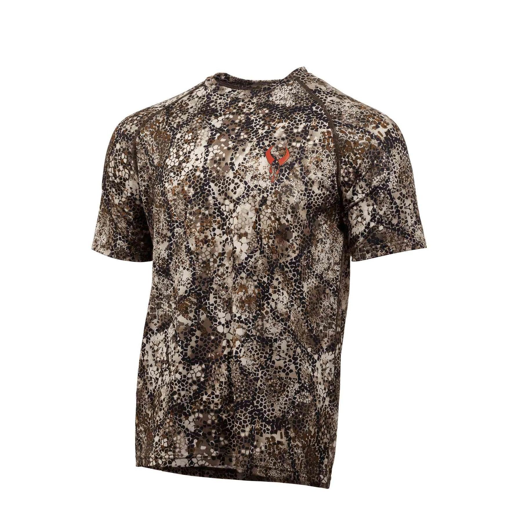 Badlands Algus short sleeve crew neck shirt in brown camo pattern, front view