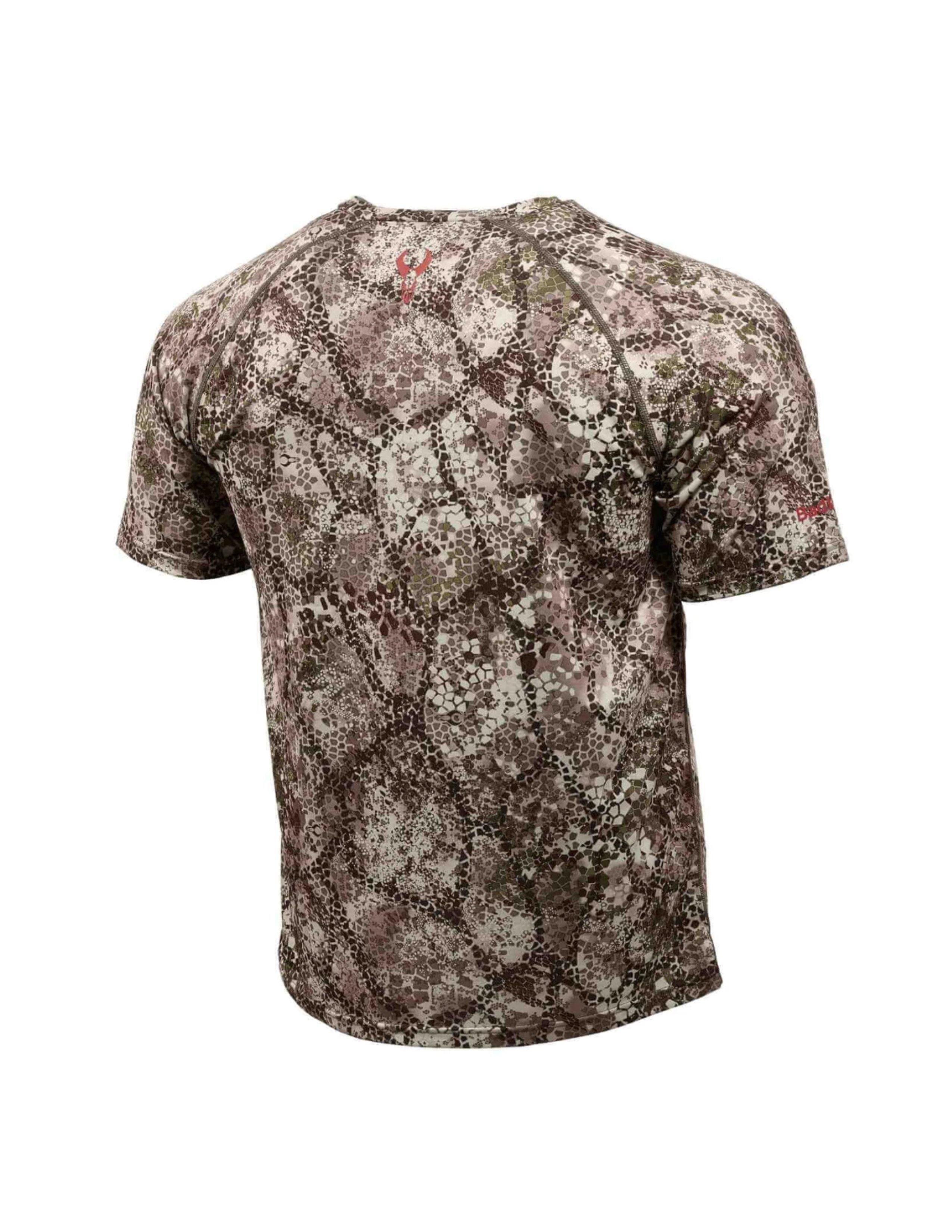 Badlands Algus short sleeve crew shirt in camouflage pattern, back view