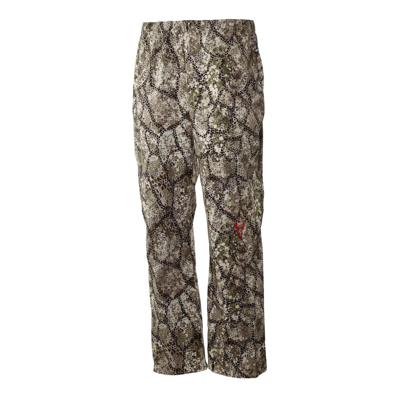 Badlands camouflage rain pants with green and brown hunting pattern on white background