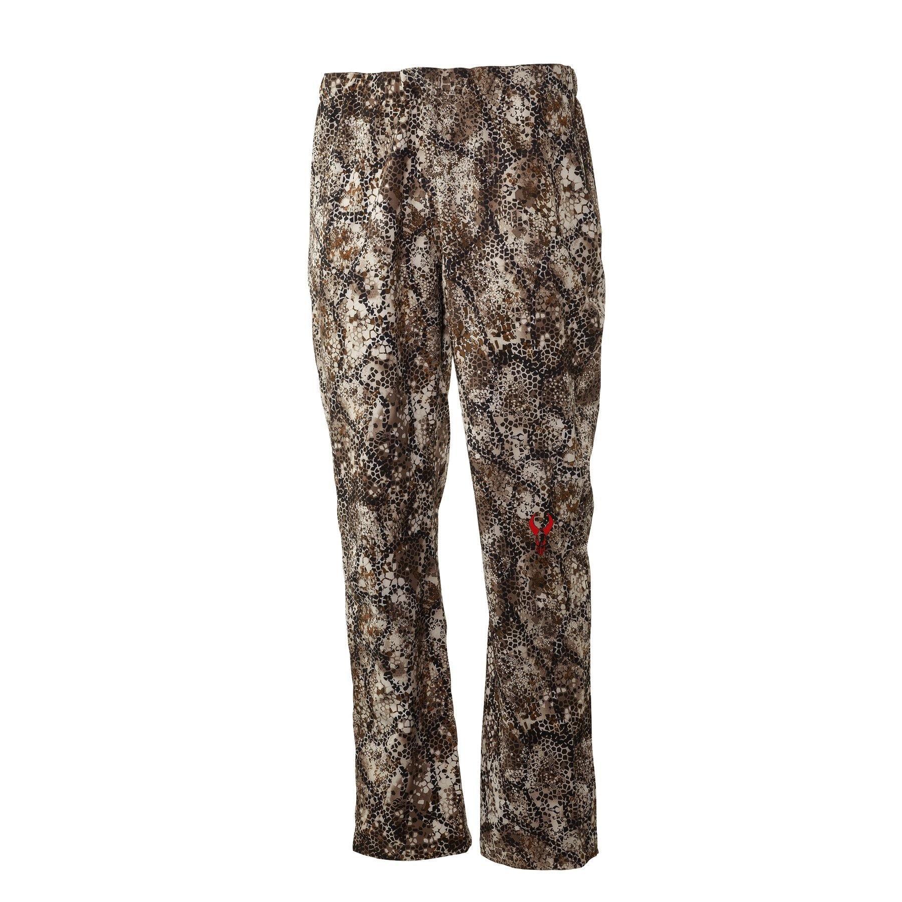 Badlands camo rain pants with brown and tan pattern and red deer logo on right leg