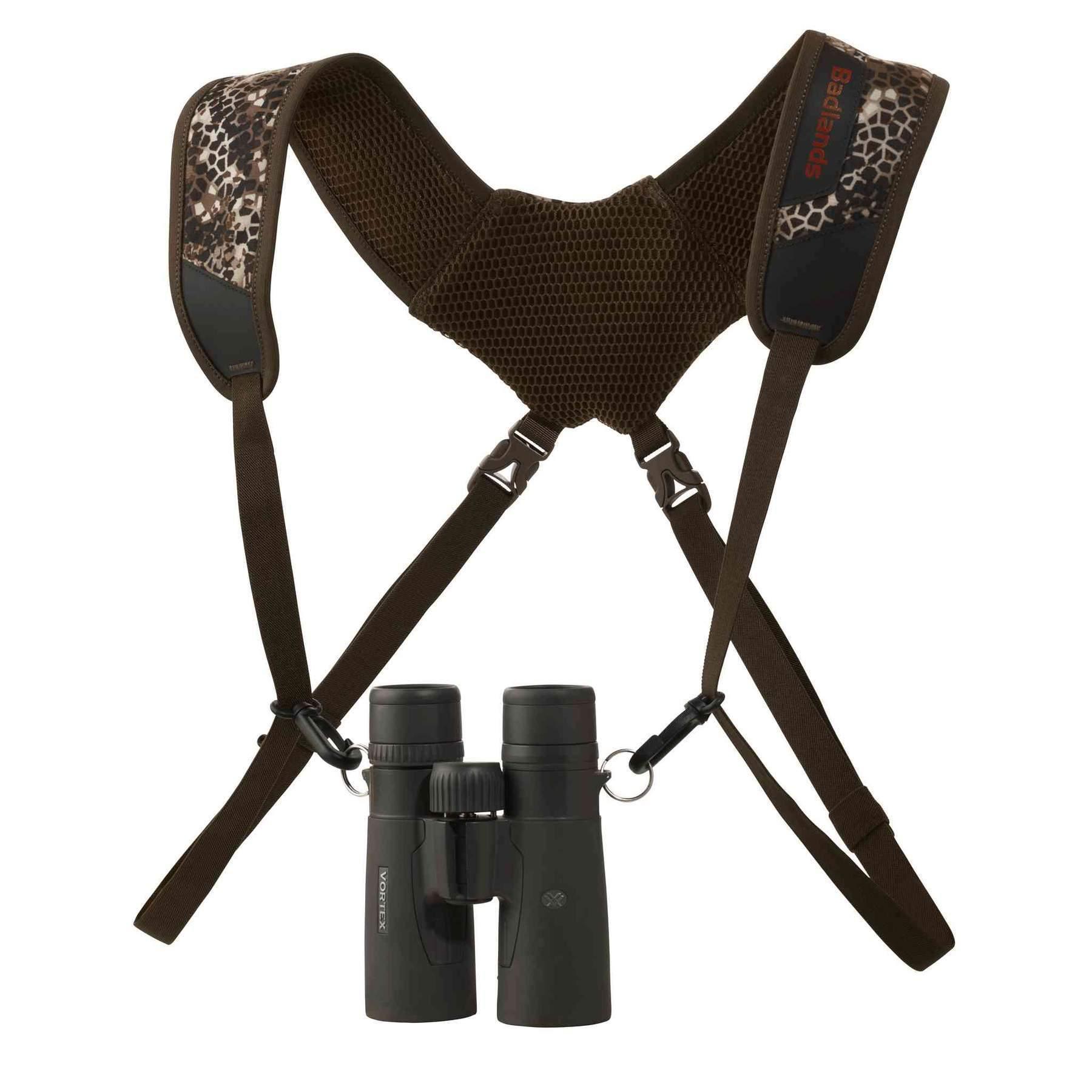Badlands Bino Basics brown binocular harness strap with mesh back and binoculars attached