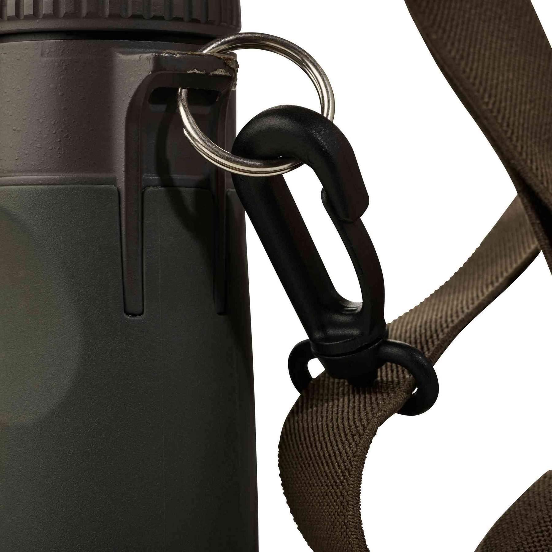 Close-up of Badlands bino strap with brown webbing and black clip attached to binocular ring