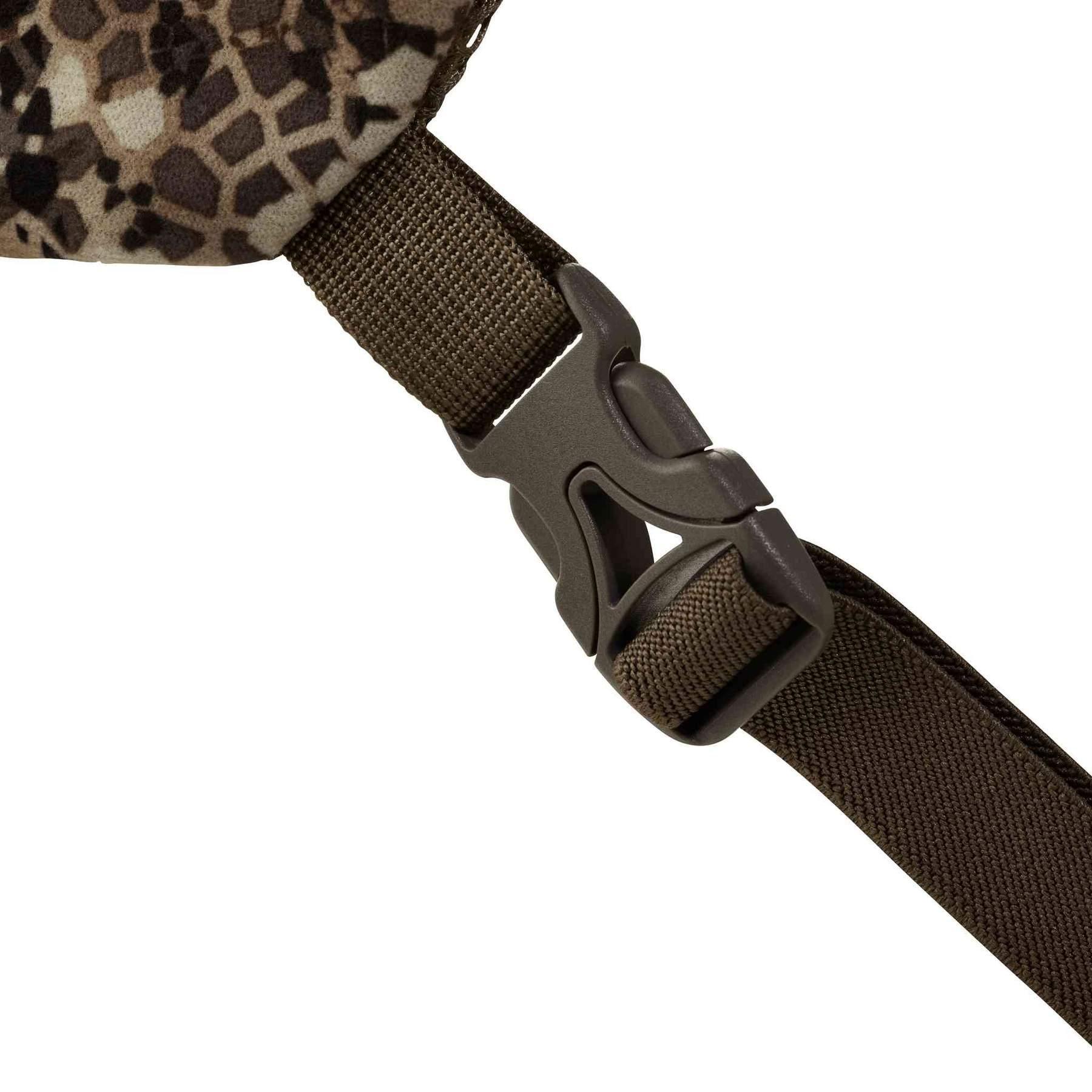Close-up of Badlands Bino Basics camo strap with brown buckle and webbing detail