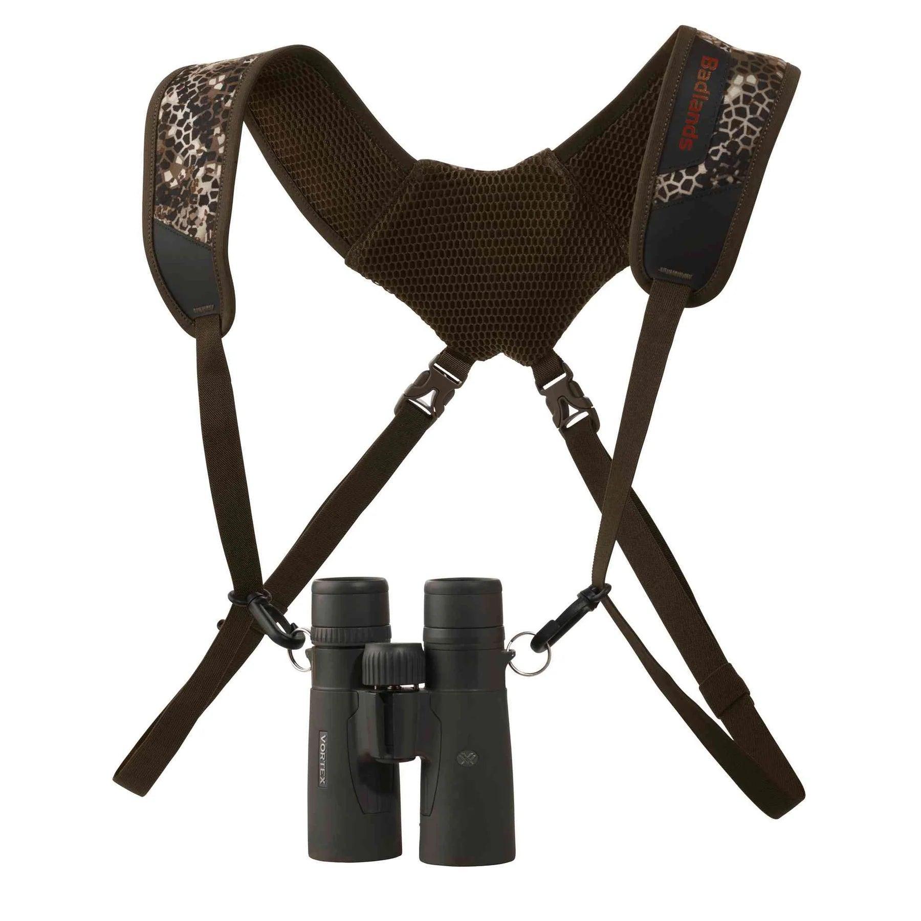 Badlands Bino Basics camo binocular harness strap with attached Vortex binoculars