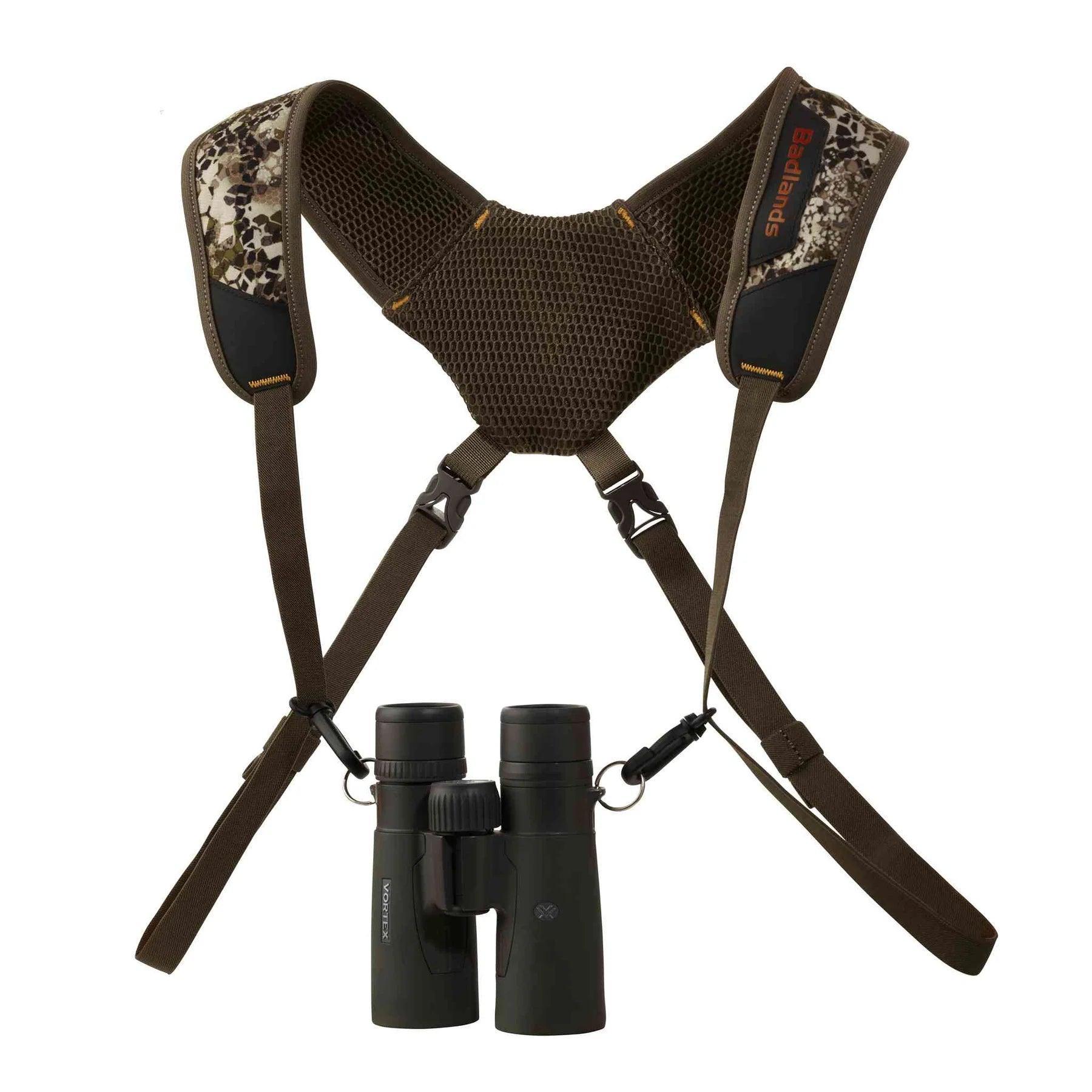 Badlands Bino Basics Straps with camouflage padding and attached black binoculars