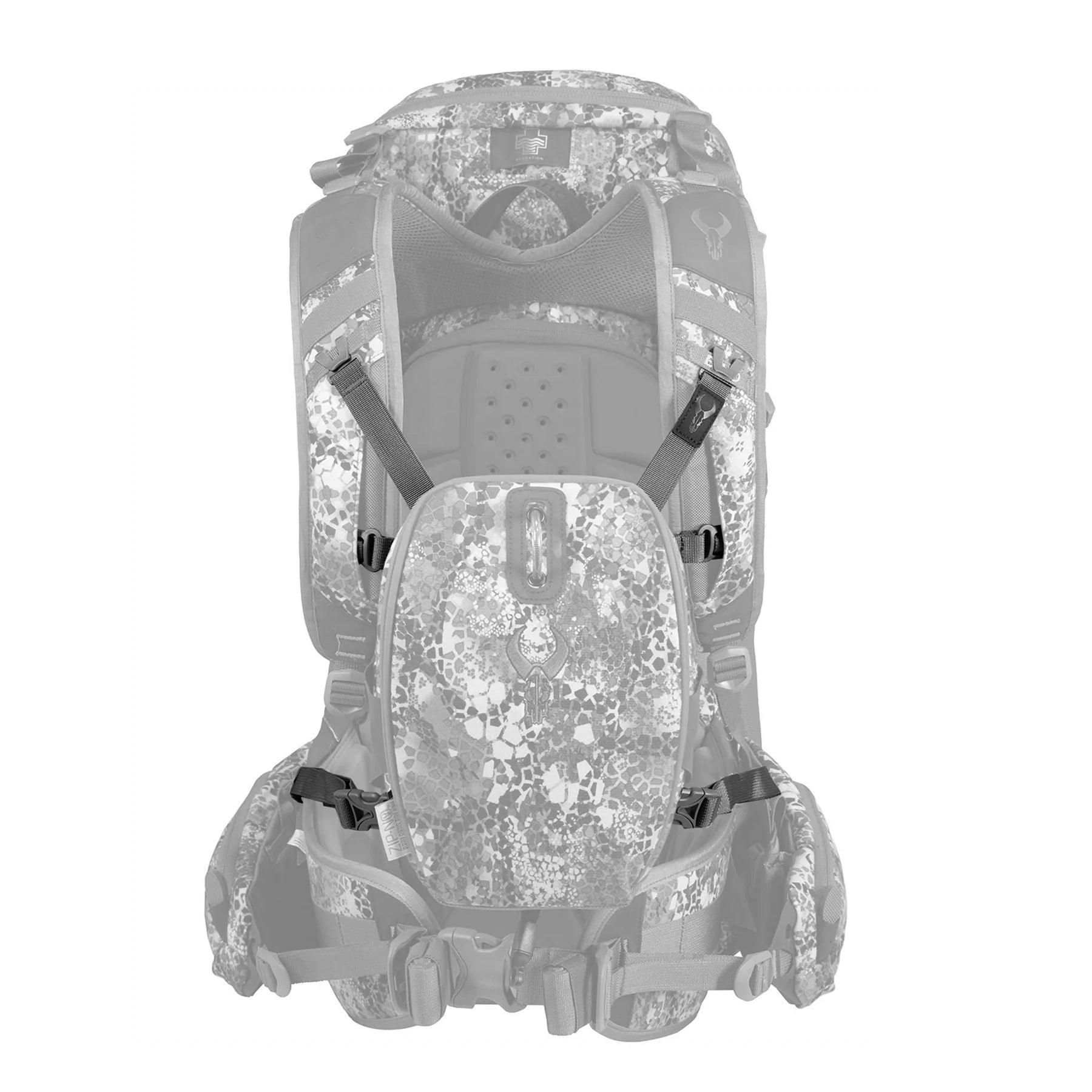 Badlands Bino Connect OS bino harness in camo, attached to outdoor hunting backpack