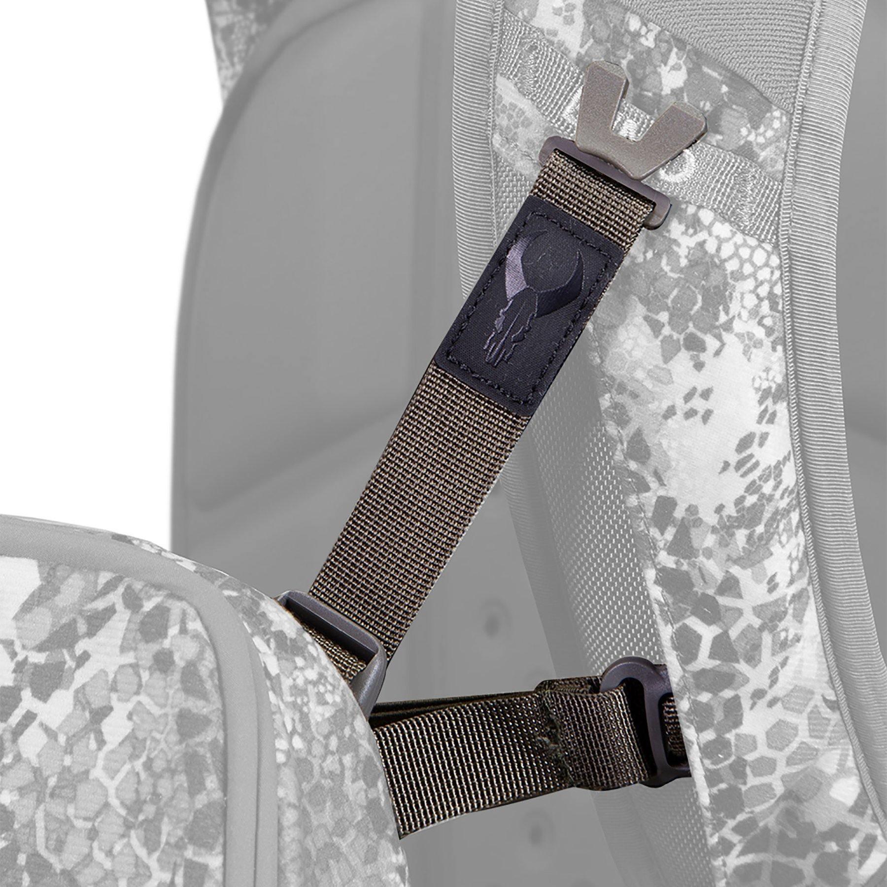 Badlands Bino Connect strap system close-up on camouflage backpack harness