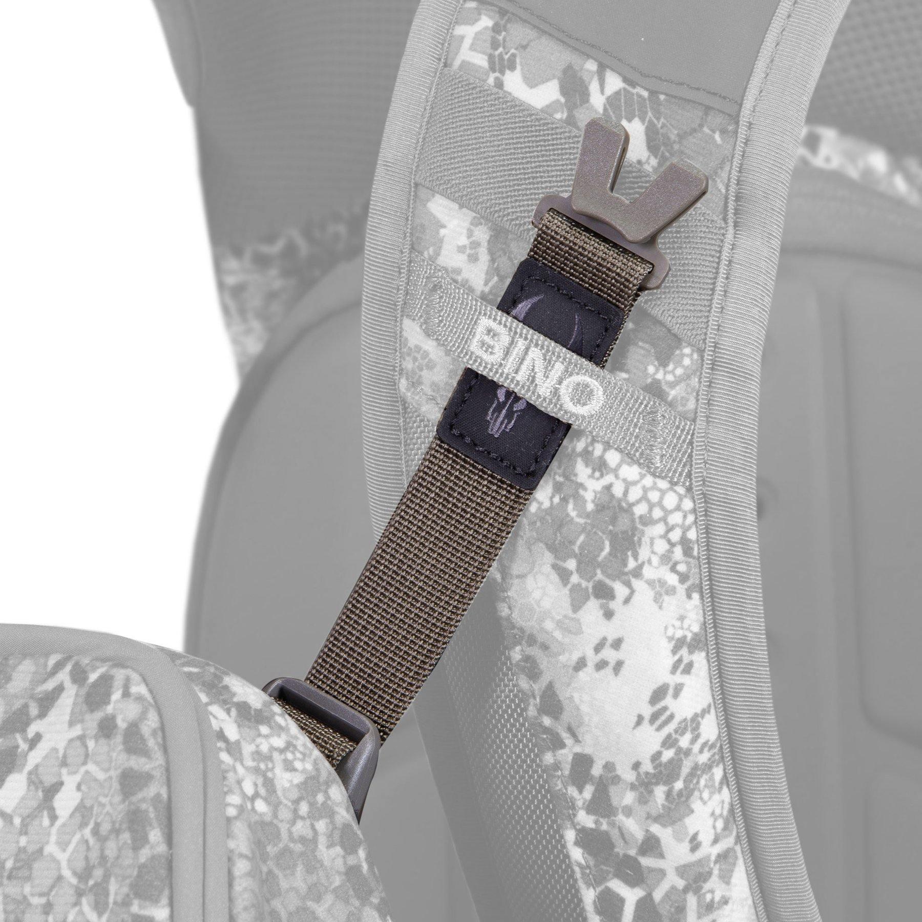 Badlands Bino Connect strap with buckle on camo pattern backpack harness.