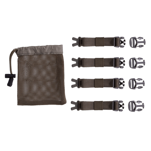 Badlands Bino Connect kit with mesh pouch, four straps, and buckles on white background