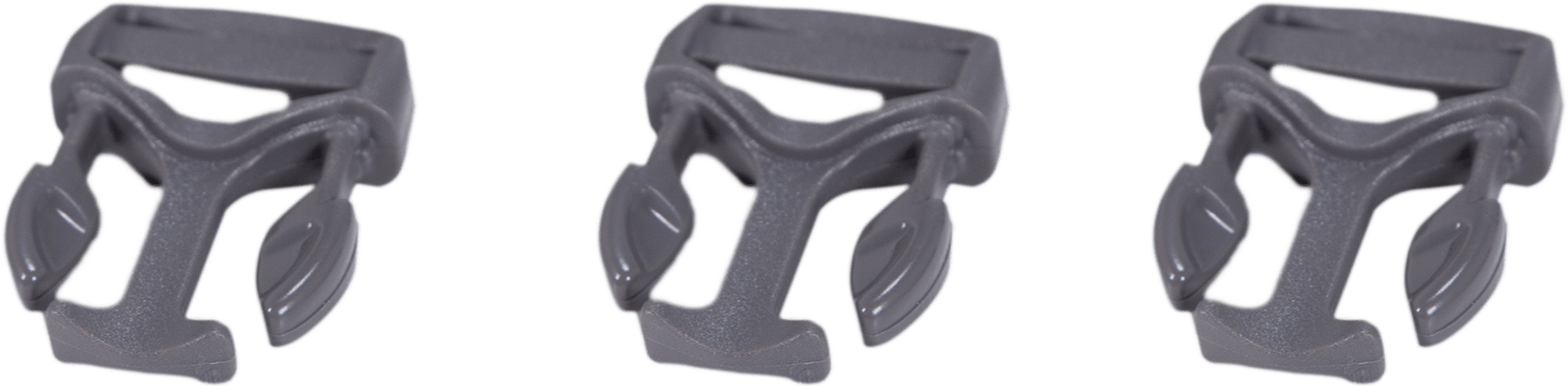 Three Badlands Bino Connect OS Leapfrog gray plastic clips on a transparent background