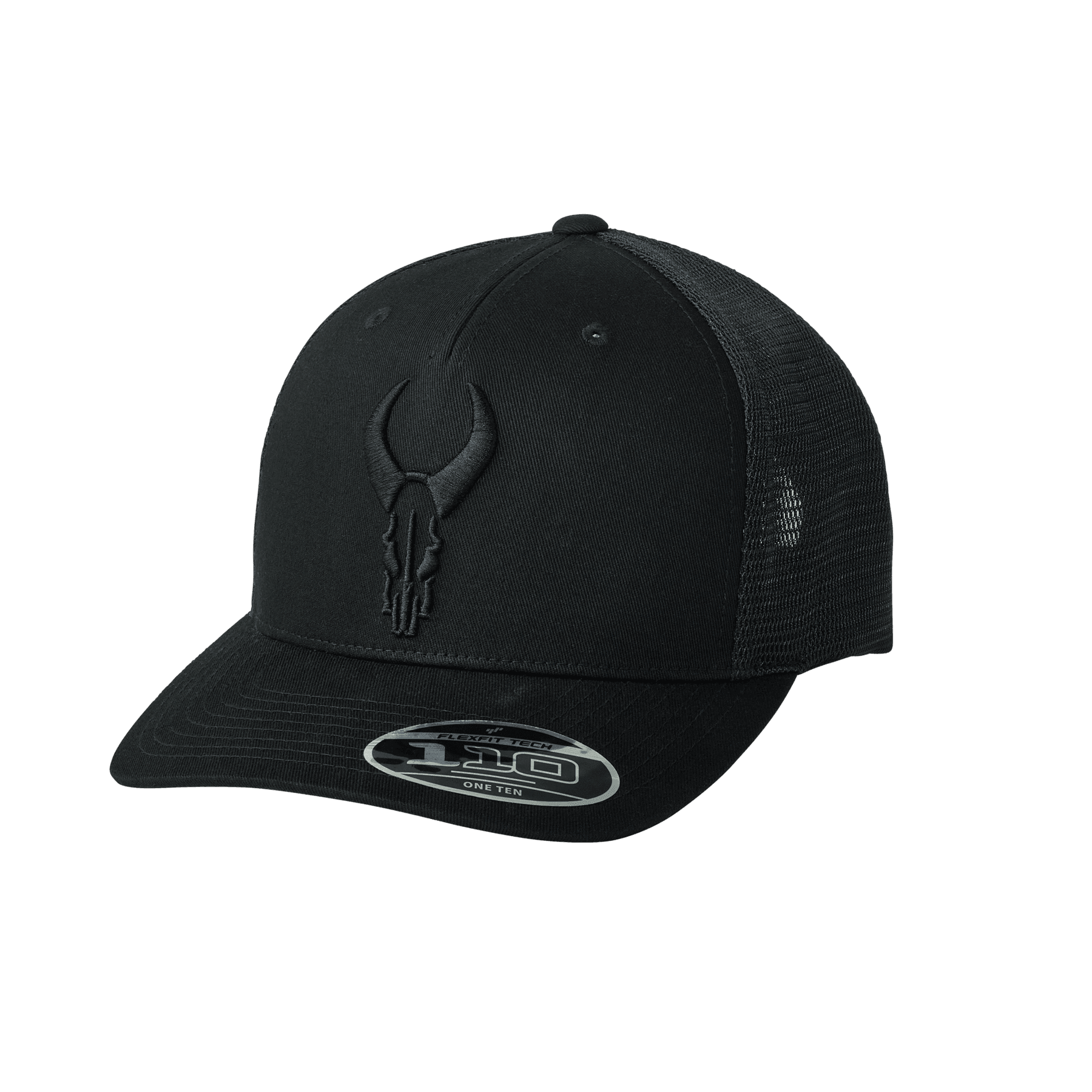 Black mesh trucker hat with embroidered black skull logo on front, curved bill