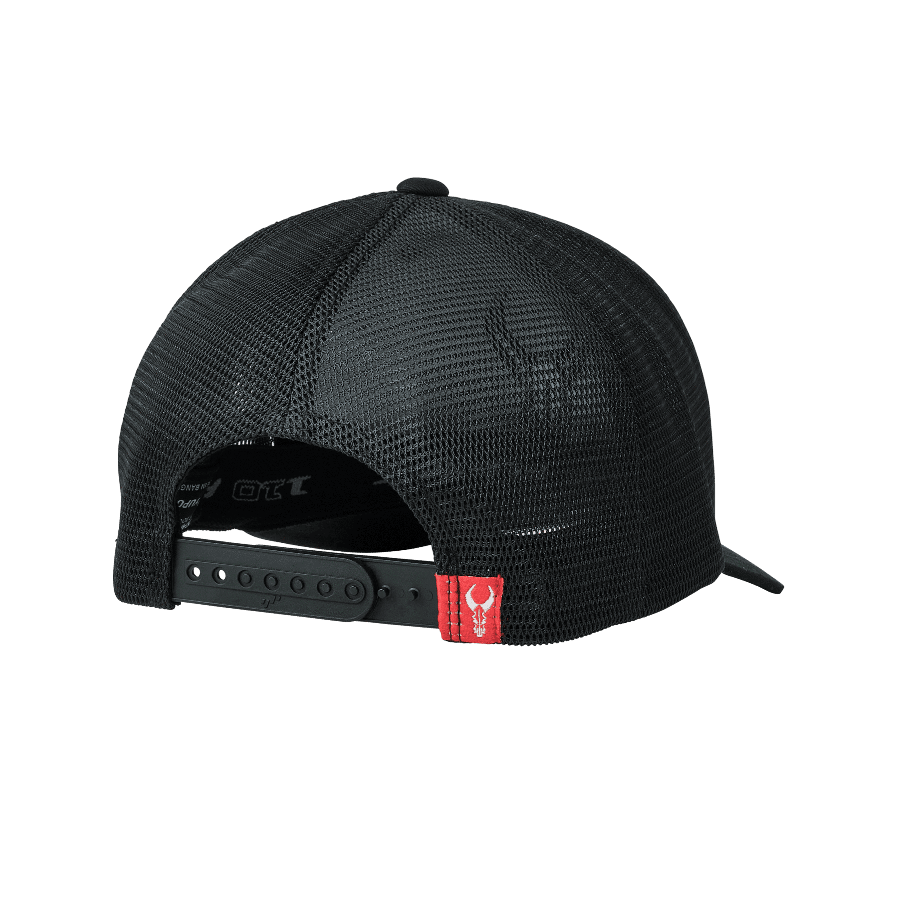 Black mesh trucker hat with skull logo patch and adjustable snapback