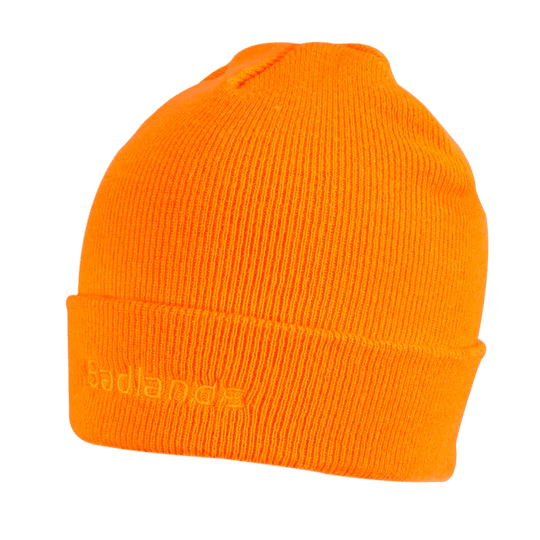Badlands blaze orange beanie hat with folded cuff on plain background