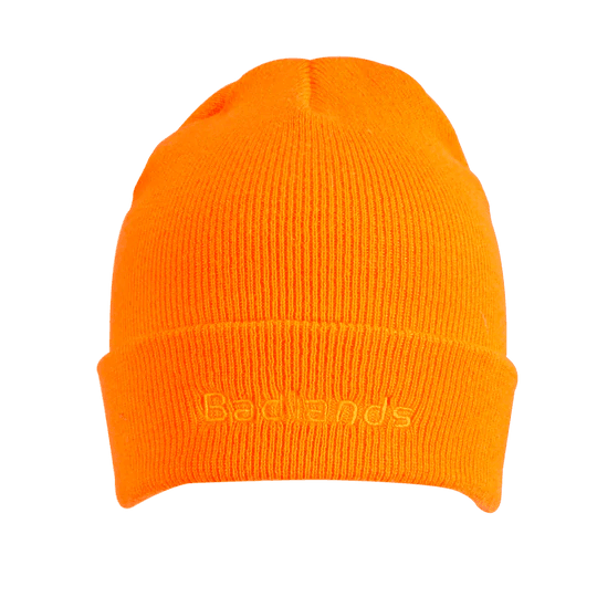 Badlands blaze orange beanie knit hat with visible logo, outdoor apparel