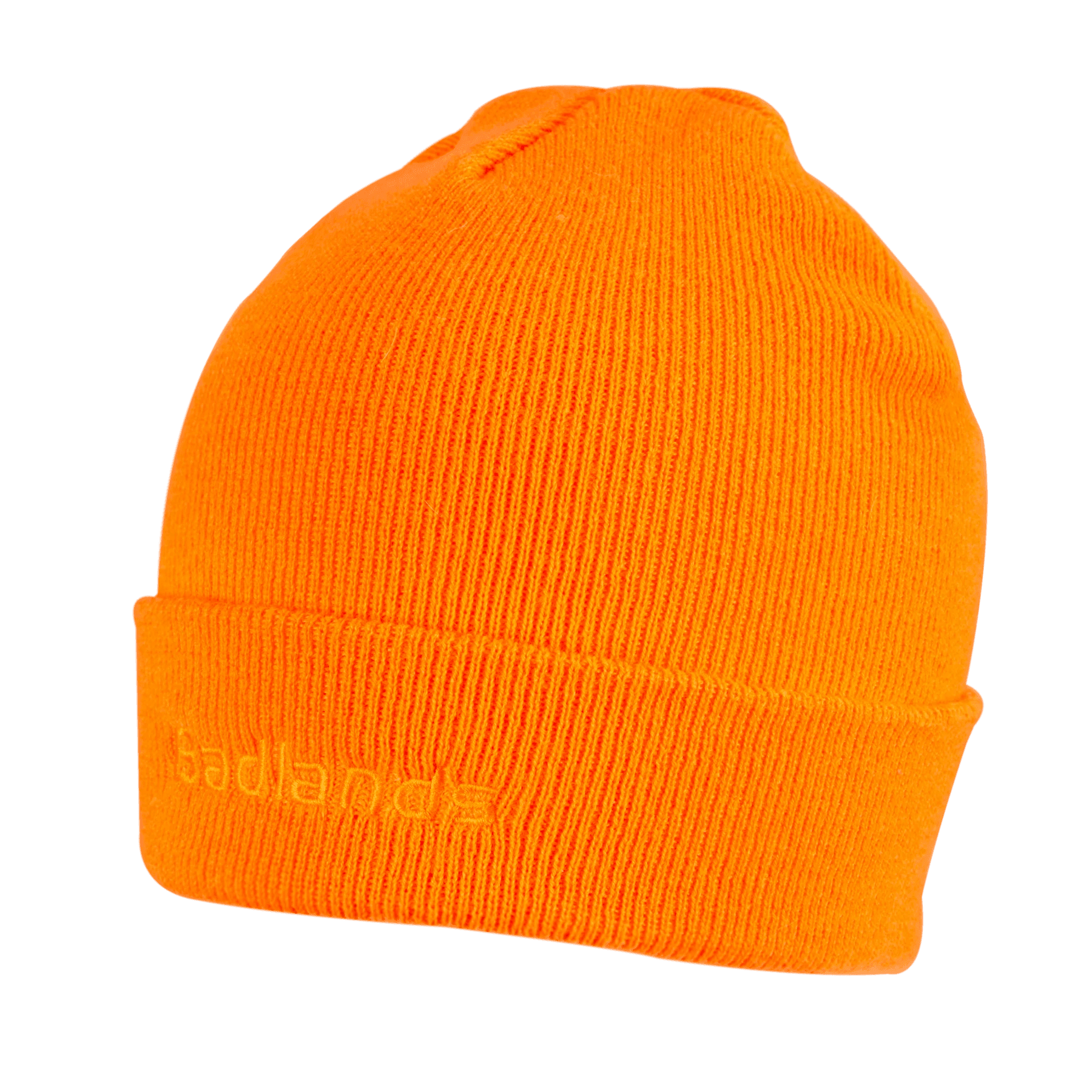 Badlands blaze orange beanie knit hat with logo, outdoor apparel on plain background