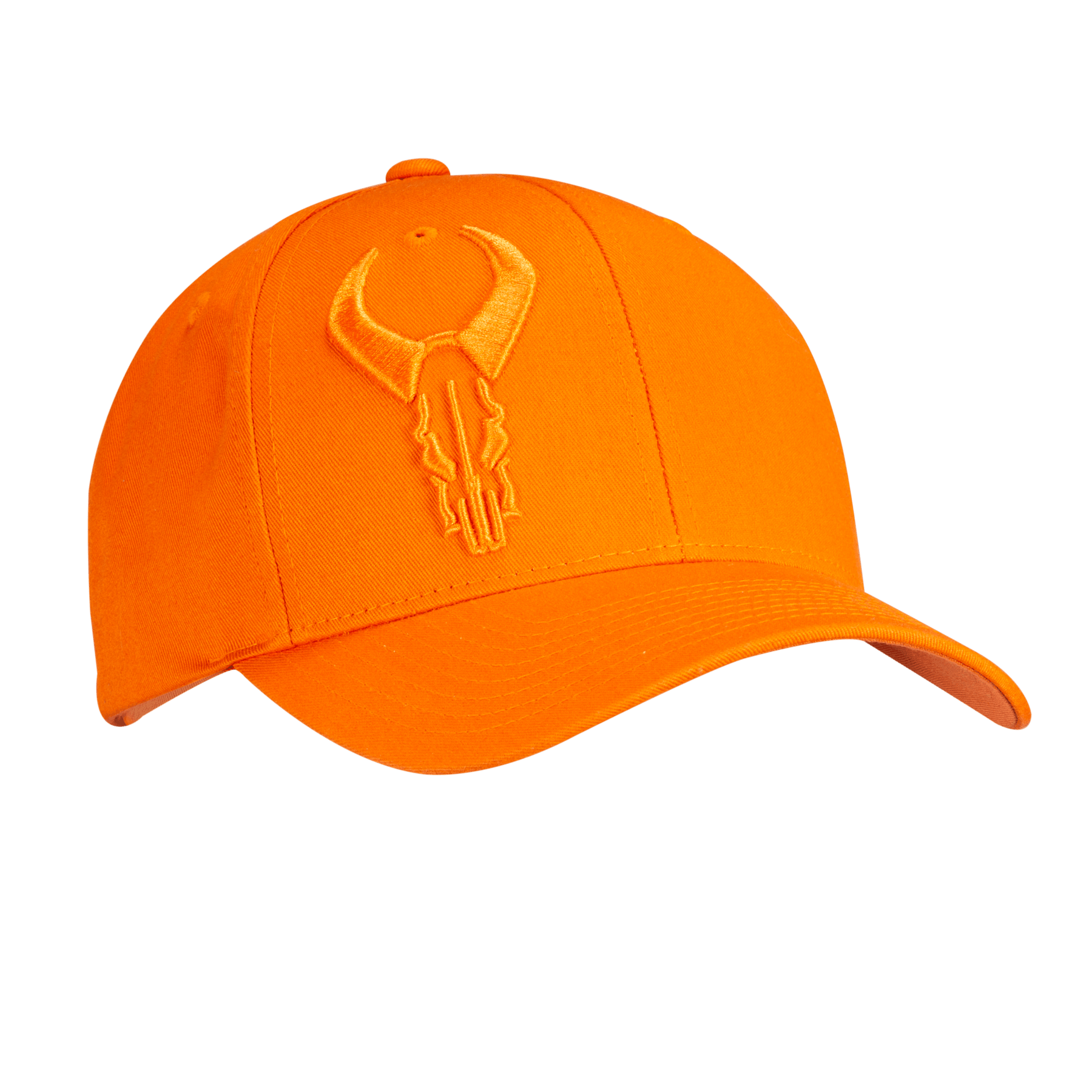 Bright orange snapback hat with embroidered logo on front, outdoor sports apparel