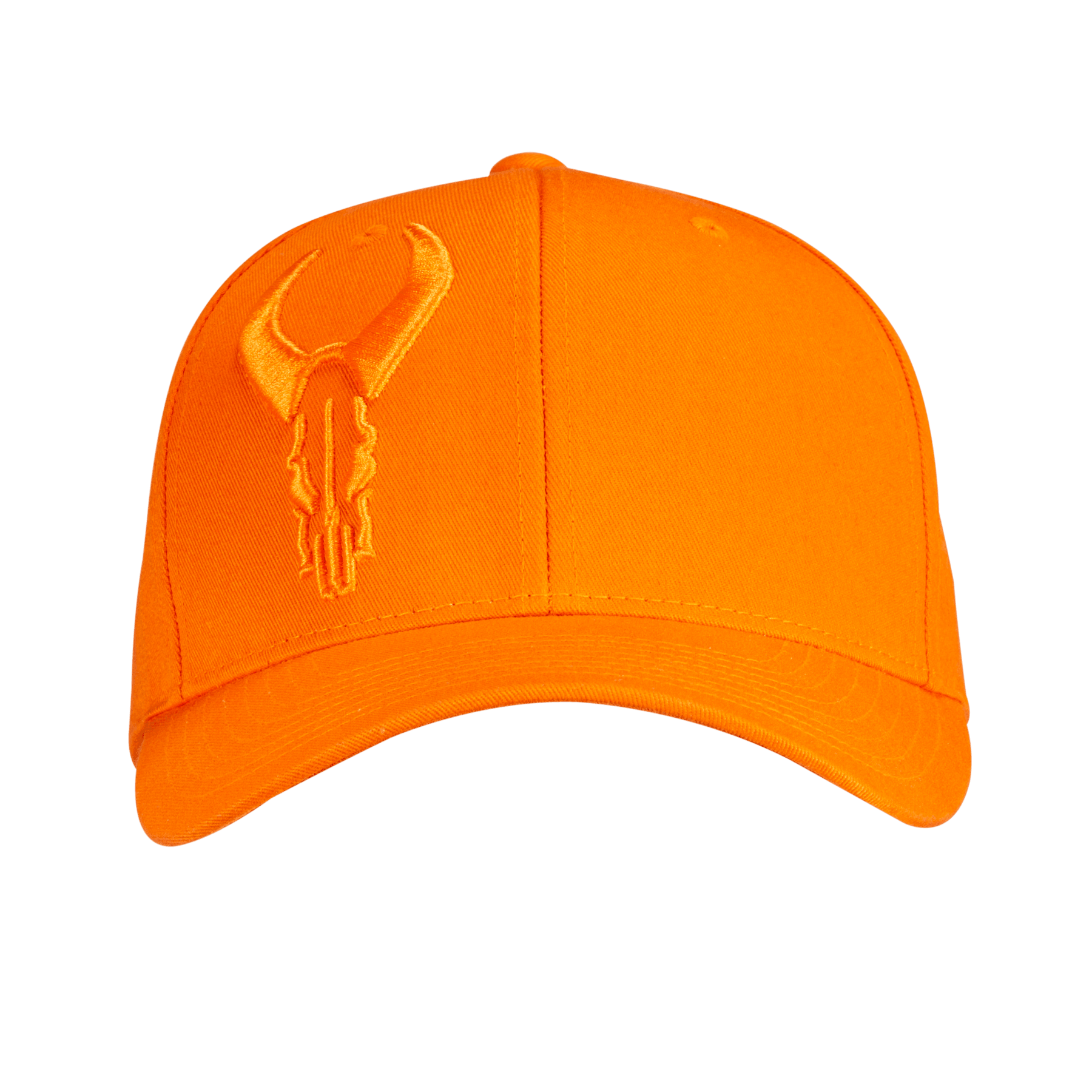 Bright orange snapback hat with embroidered bull skull logo on front, isolated background