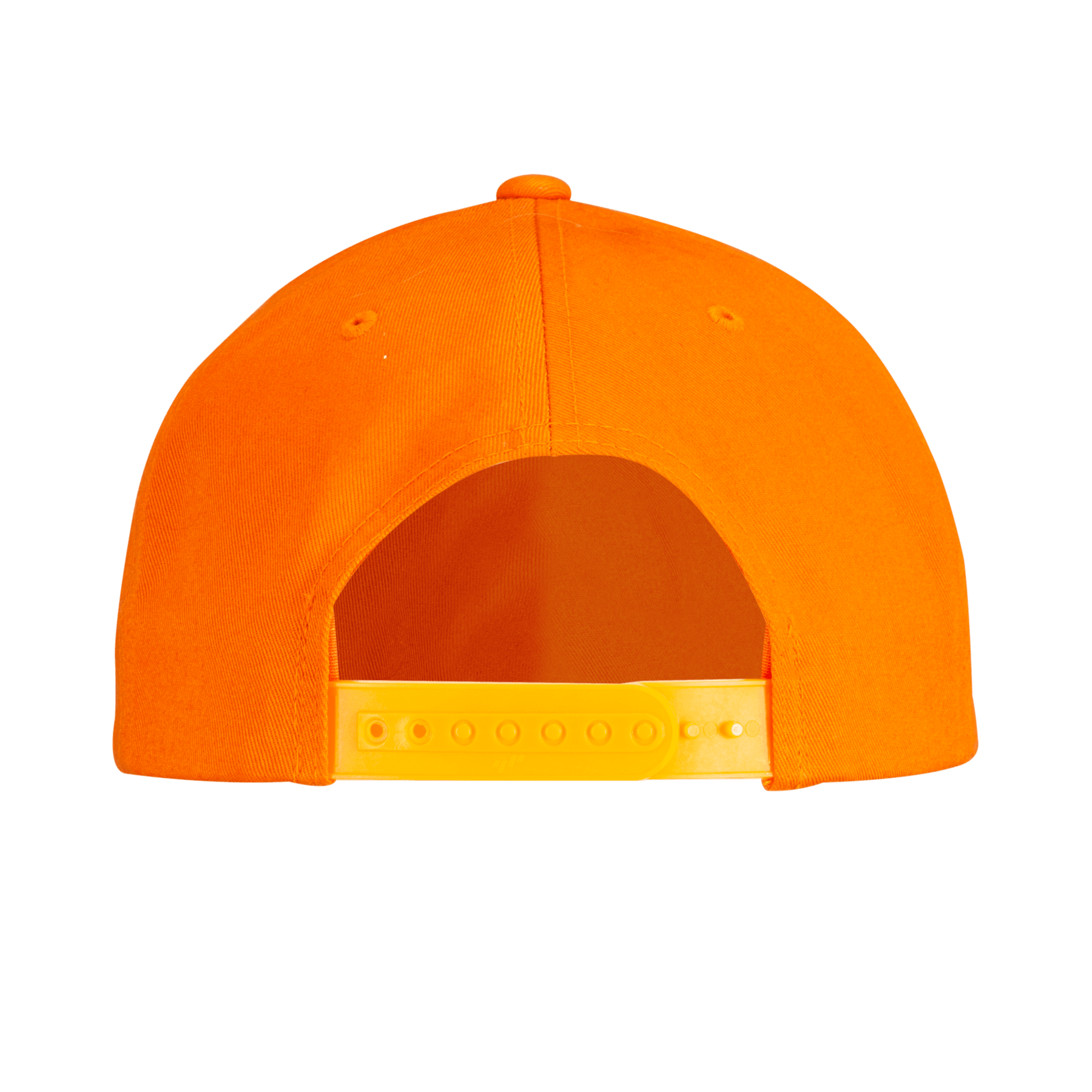 Back view of orange snapback hat with yellow adjustable strap on plain background