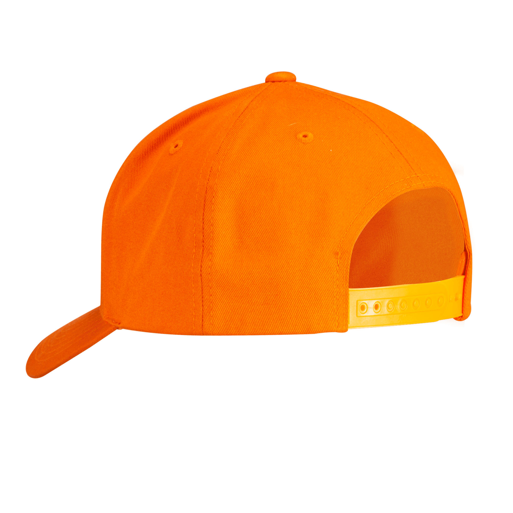 Bright orange snapback hat with adjustable strap, outdoor sports cap on plain background