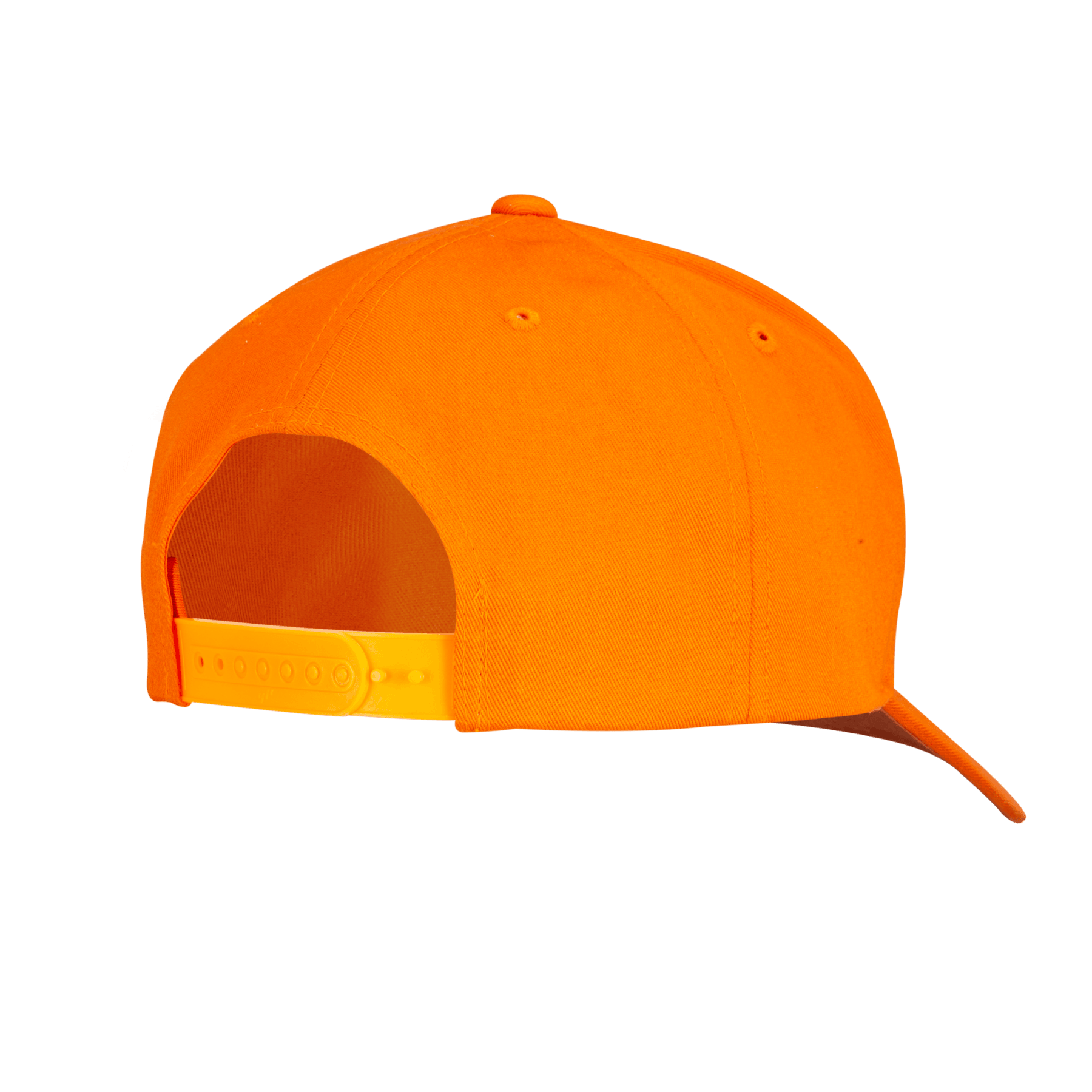 Bright orange snapback hat with adjustable yellow strap, rear view on plain background