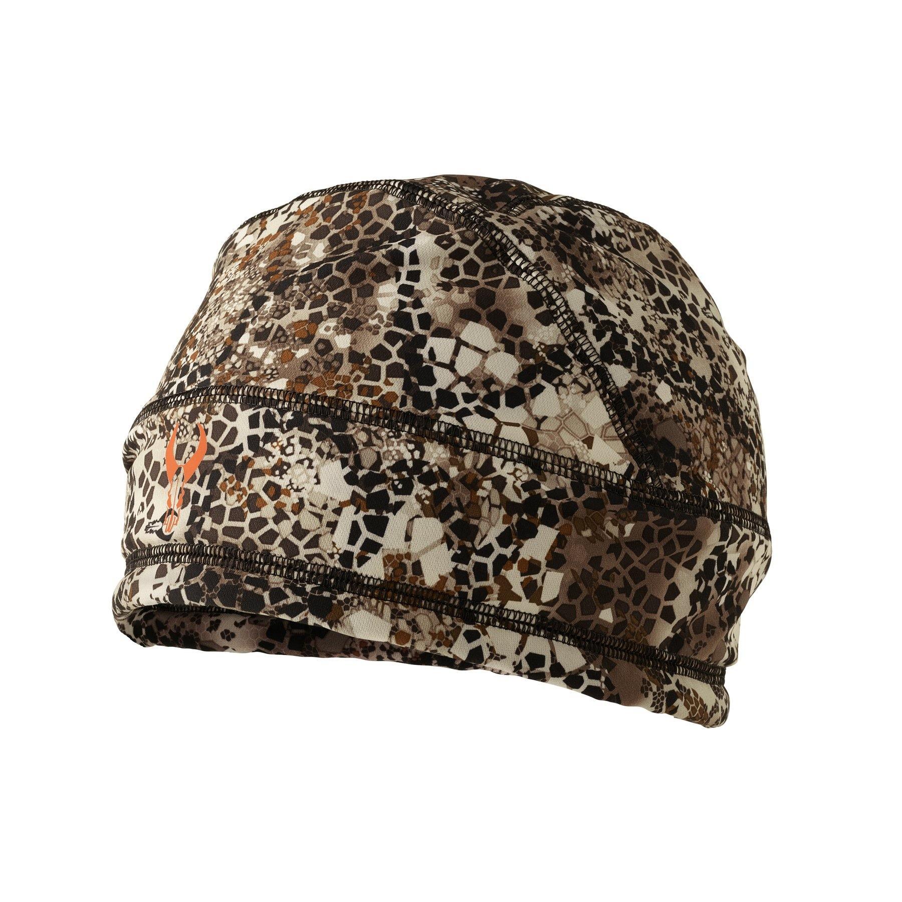 Badlands Bonfire beanie with brown camo pattern, outdoor sports gear on white background
