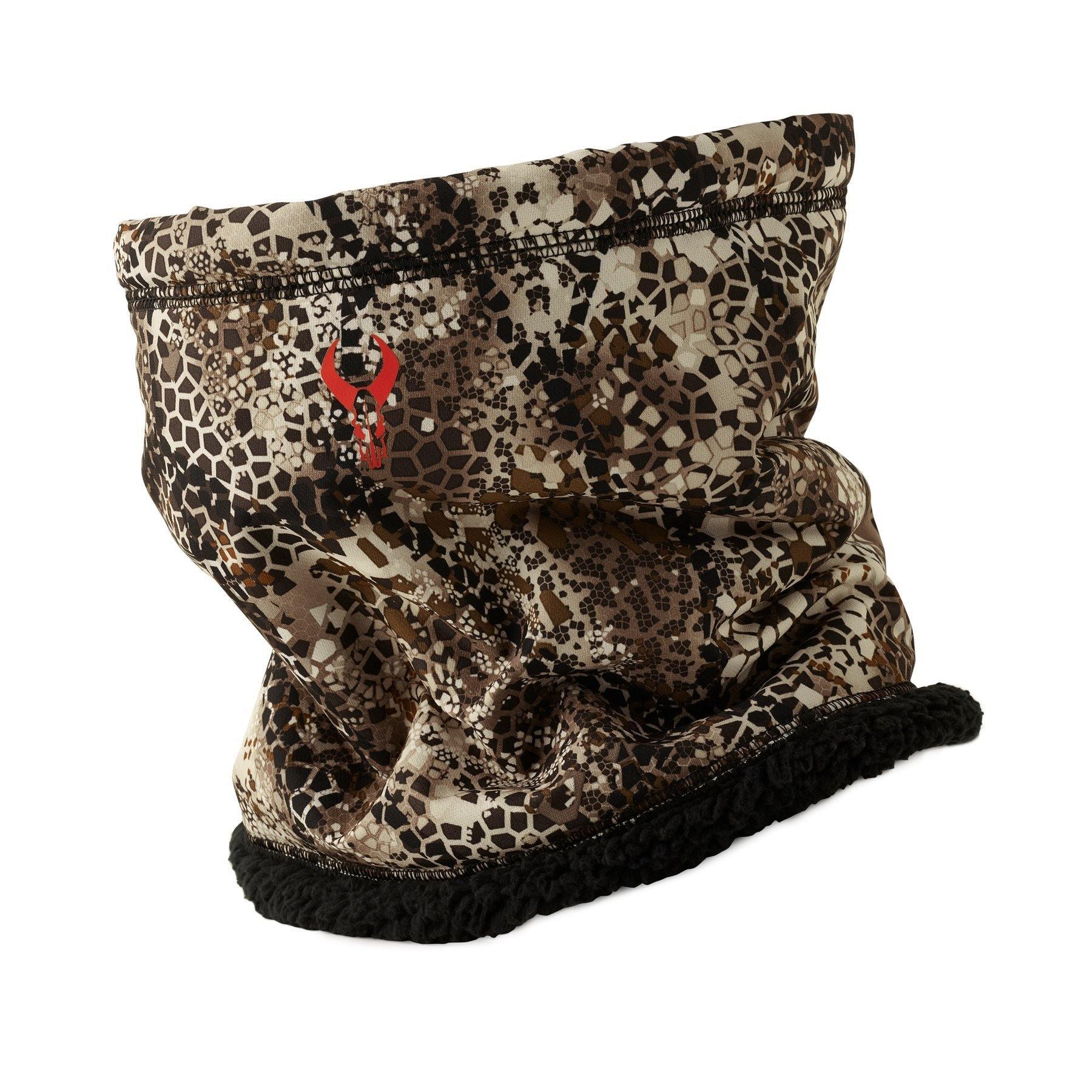 Badlands Bonfire Neck Gaiter in camo pattern with fleece lining and red logo for outdoor use