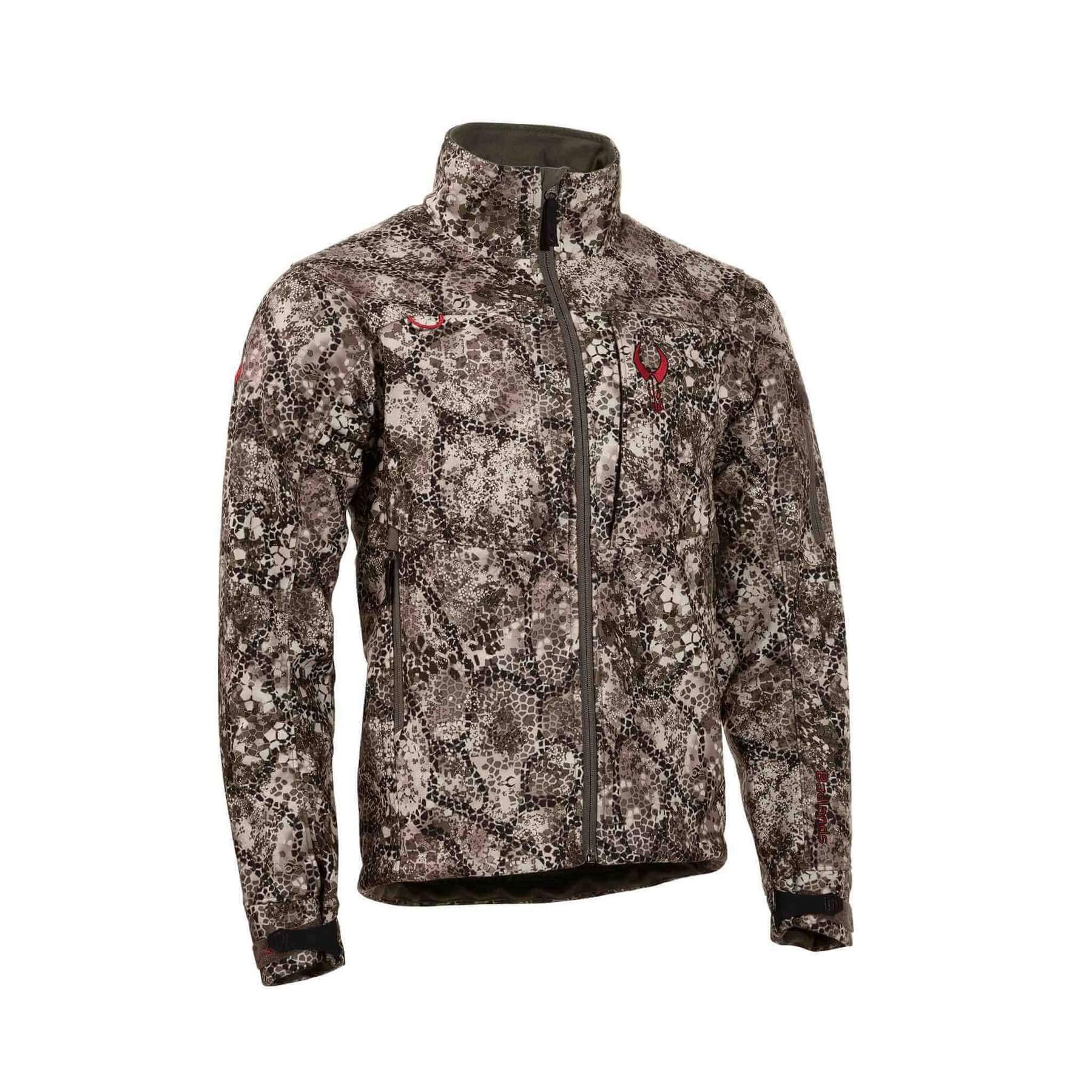 Badlands Calor camo hunting jacket with zip front and high collar on white background