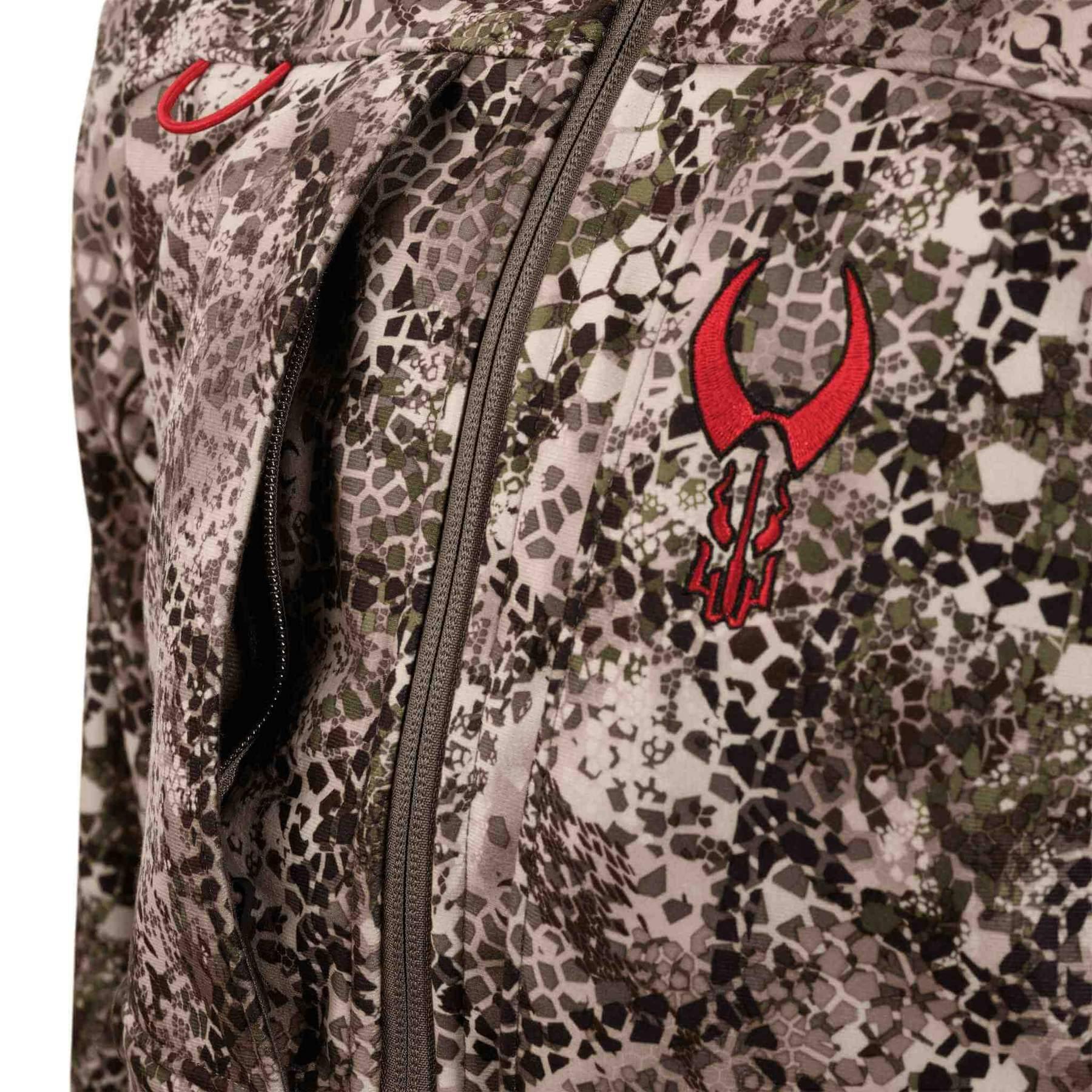 Badlands Calor Jacket in camo pattern with red embroidered logo and front zipper