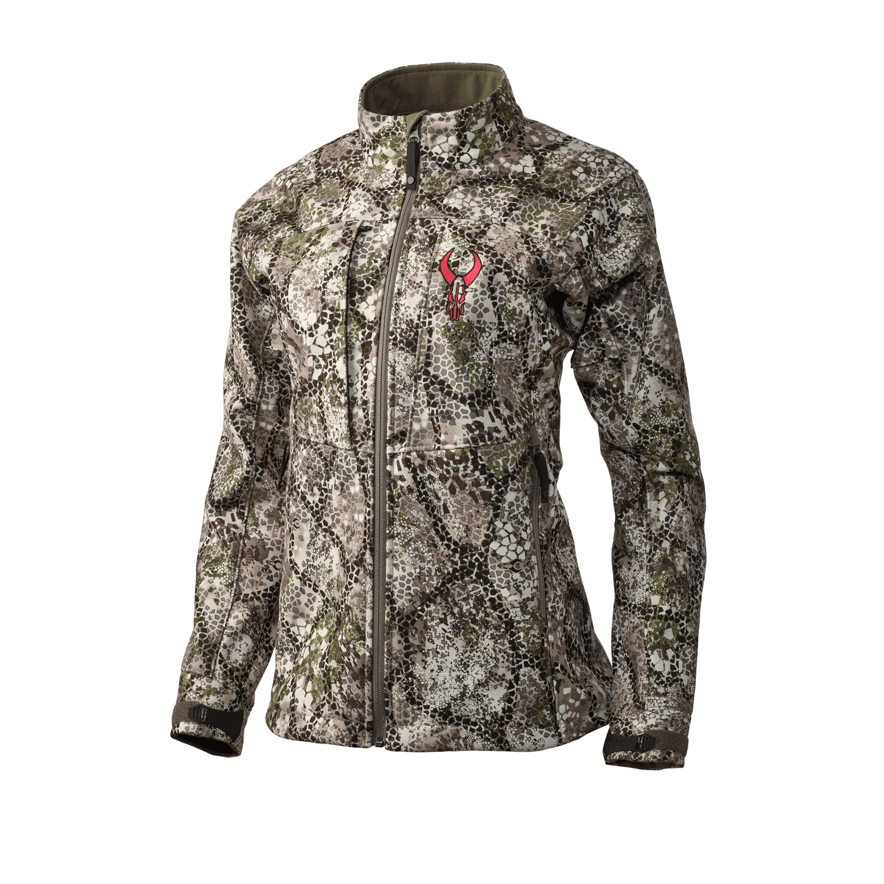 Badlands Calor camo jacket for women with zip front and chest logo on plain background