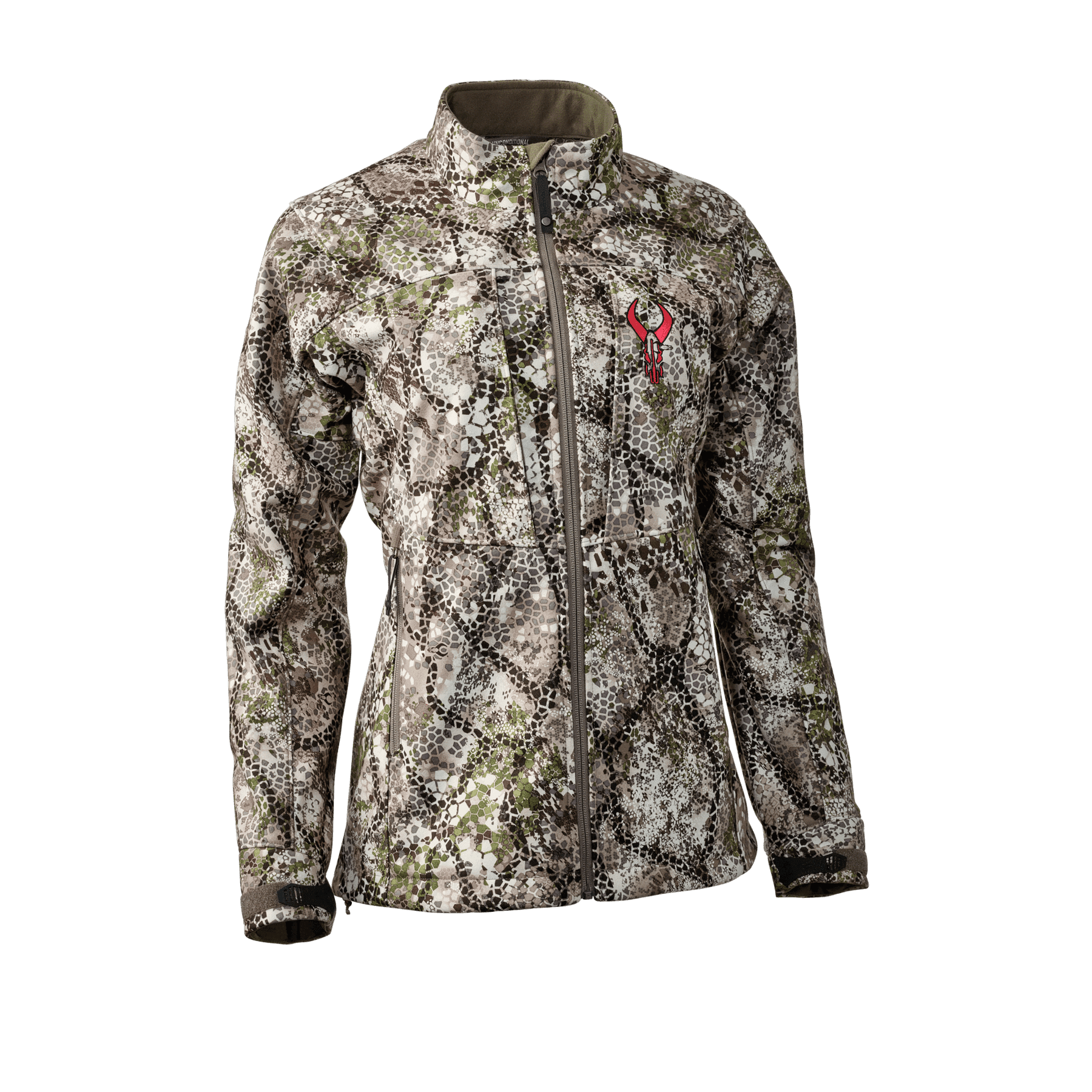 Women's Badlands Calor jacket with camo pattern and red logo, outdoor sports apparel