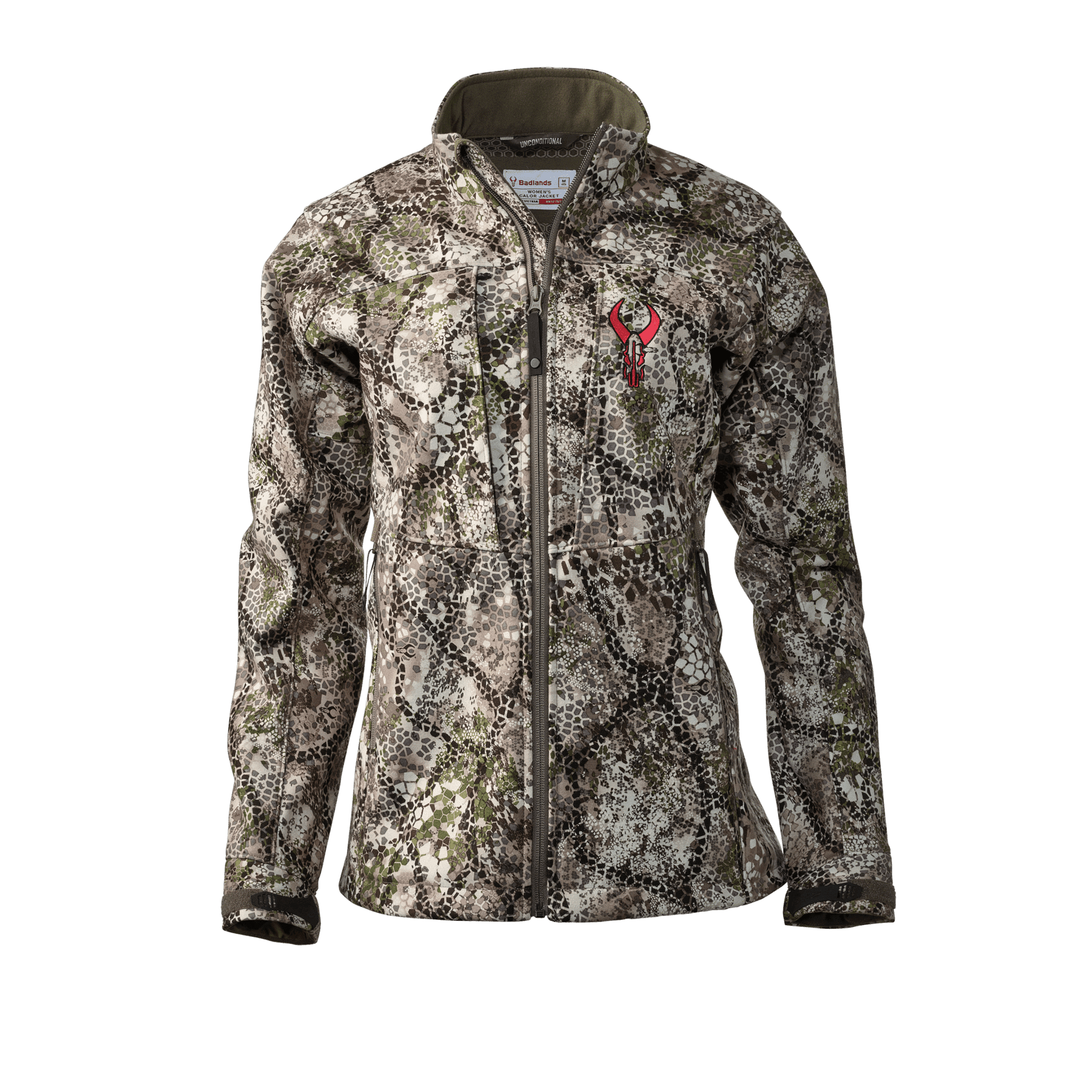 Women's Badlands Calor camo jacket with full zip and red logo, outdoor apparel