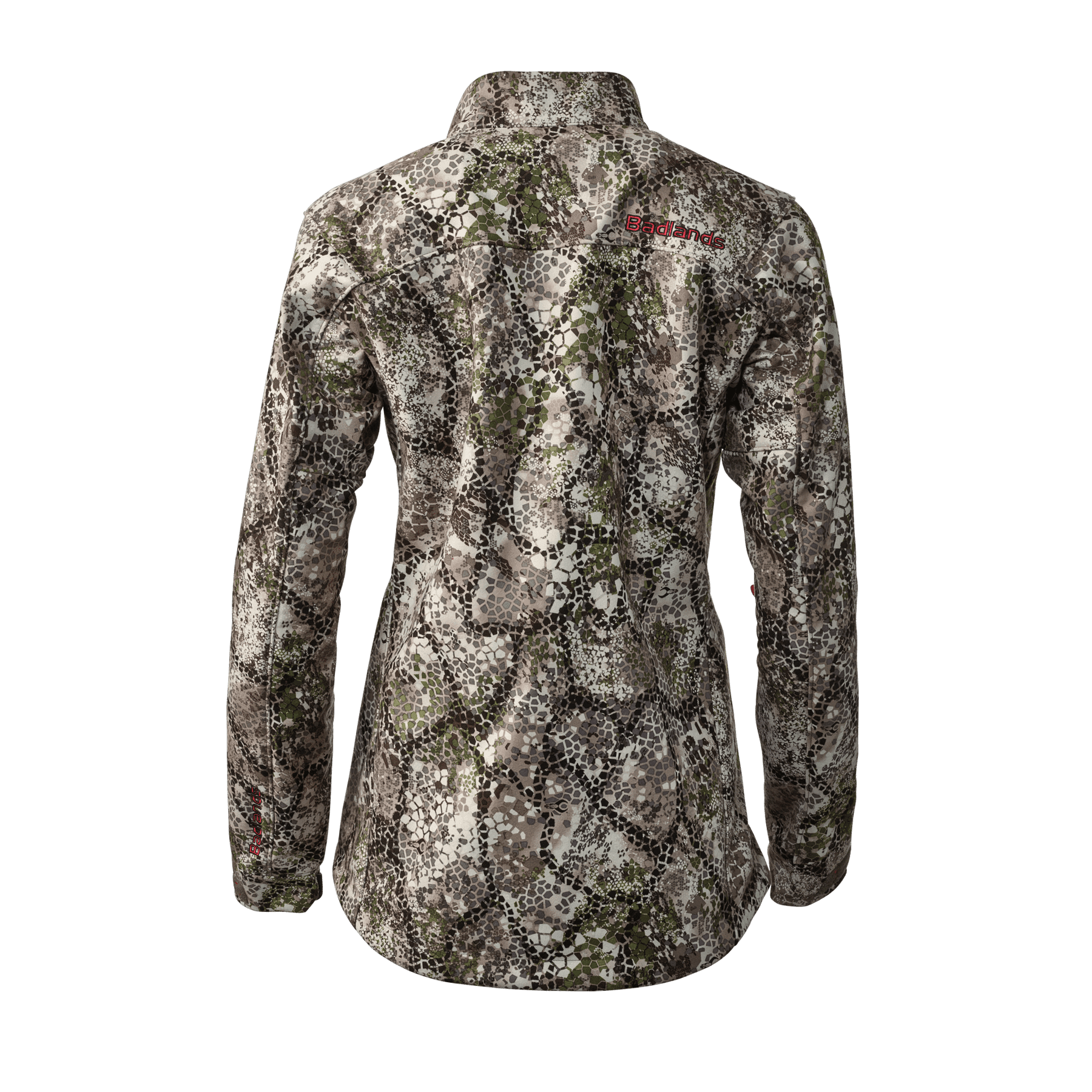 Women's camo jacket with Badlands logo, long sleeves, outdoor hunting apparel, rear view