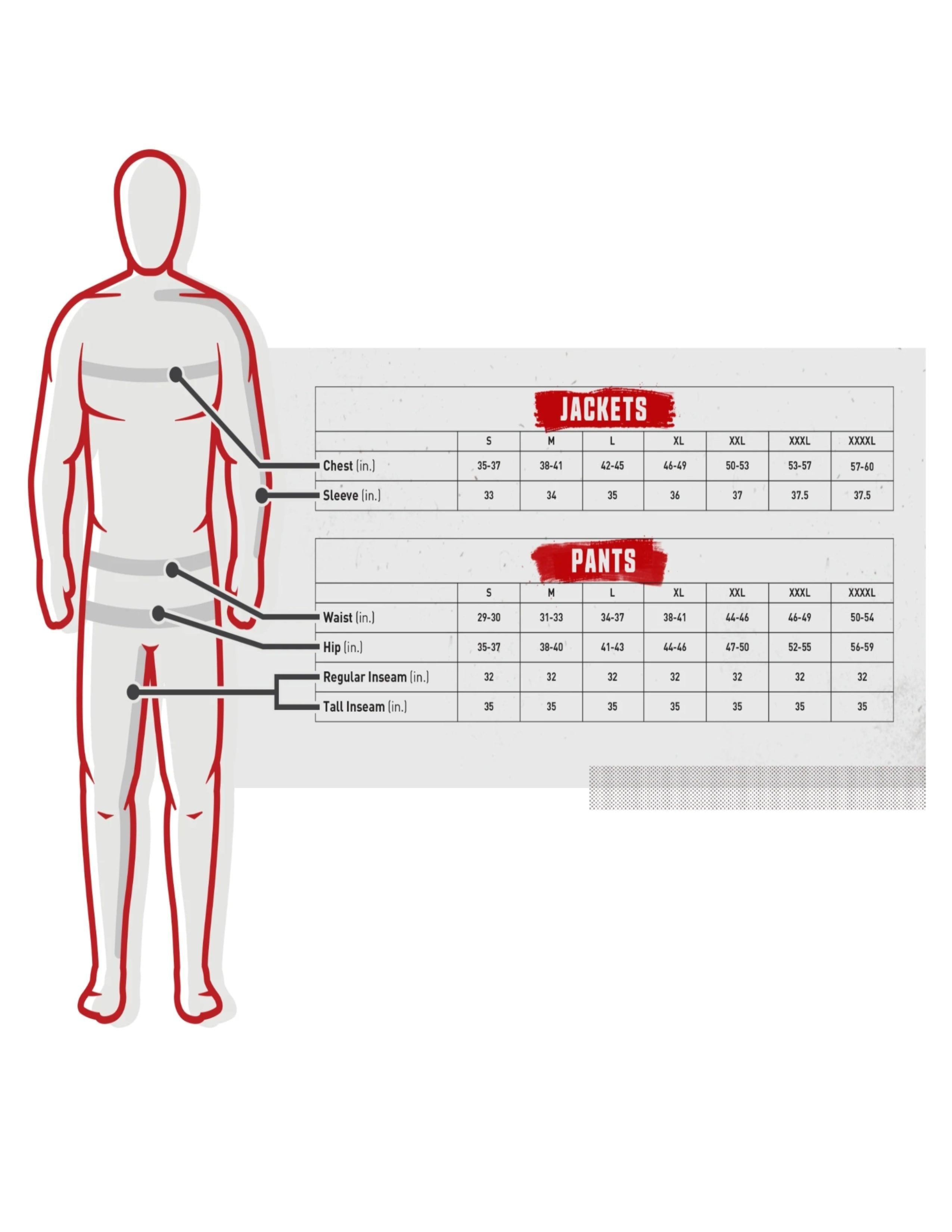 Men's sizing chart for jackets and pants with diagram highlighting chest, waist, hip.