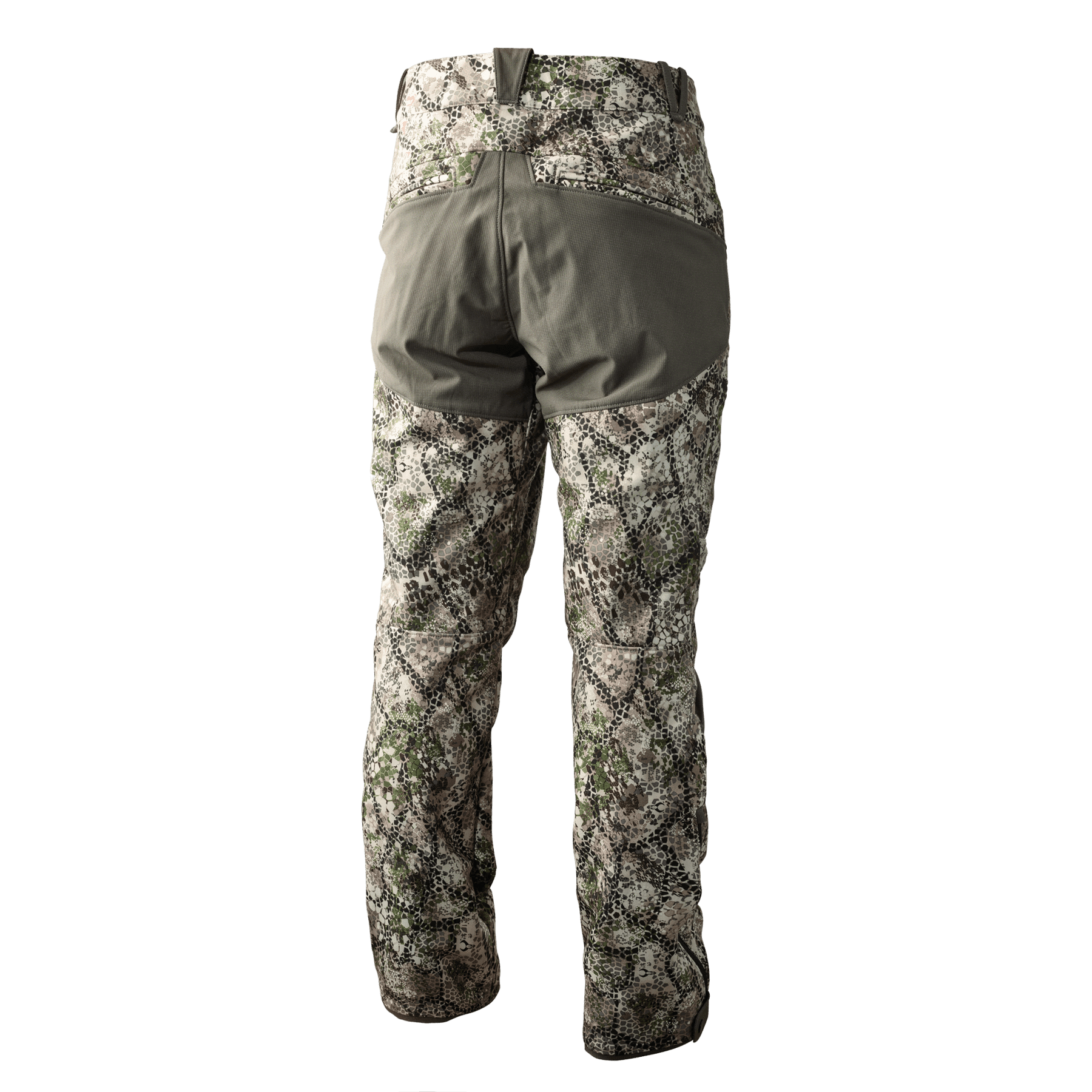 Women's camouflage hunting pants with reinforced olive green panels, back view