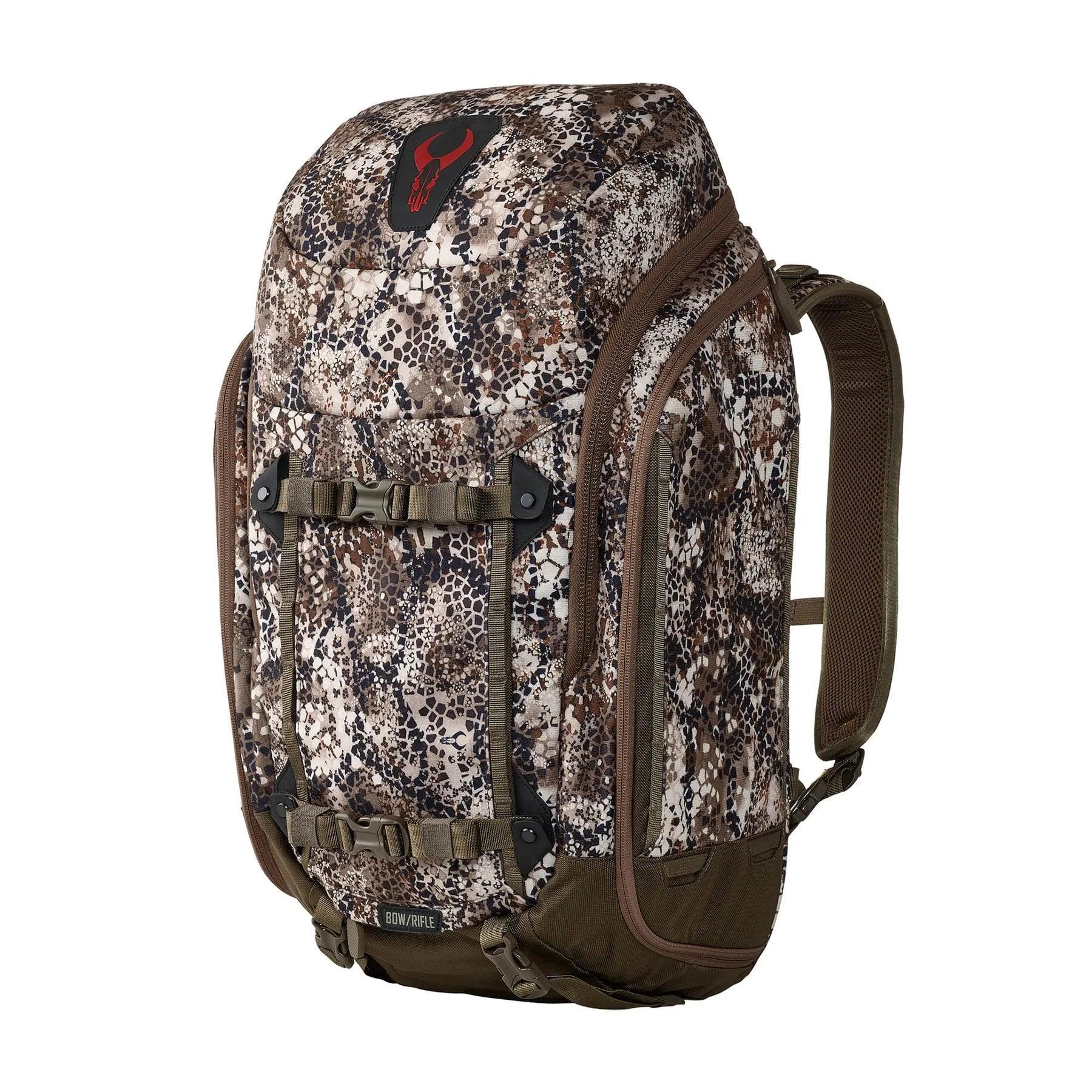 Badlands Connect Pack camo hunting backpack with brown straps and outdoor pattern