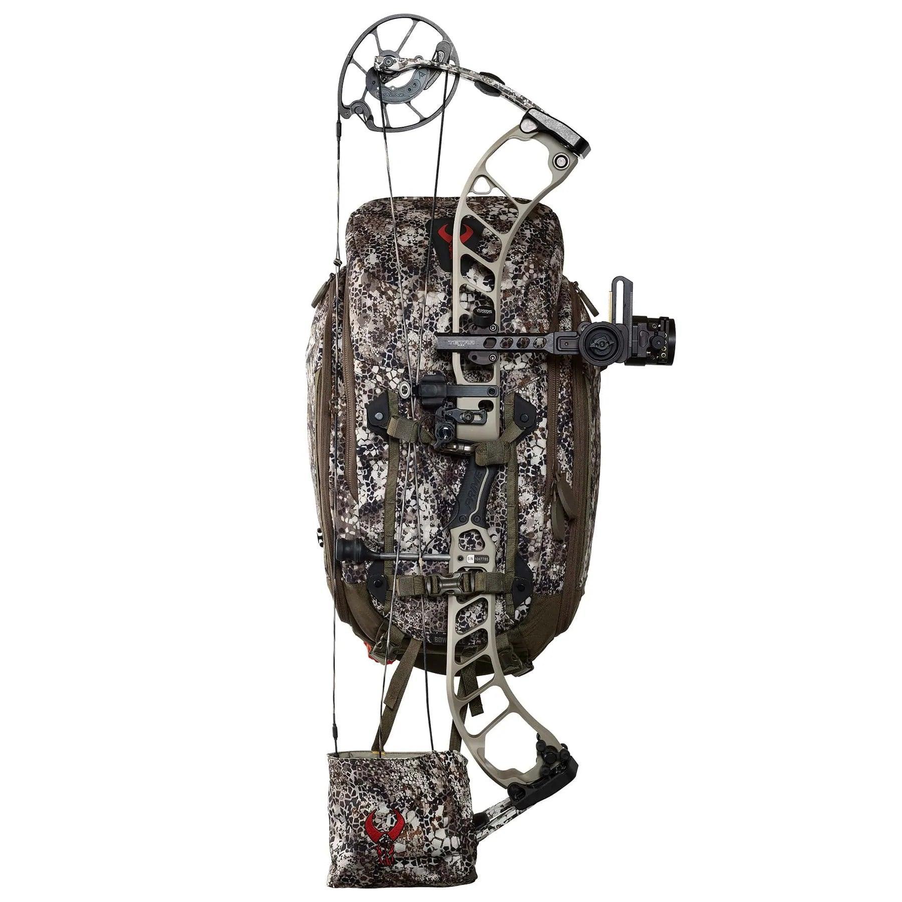 Badlands Connect Pack camo hunting backpack with compound bow, outdoor gear