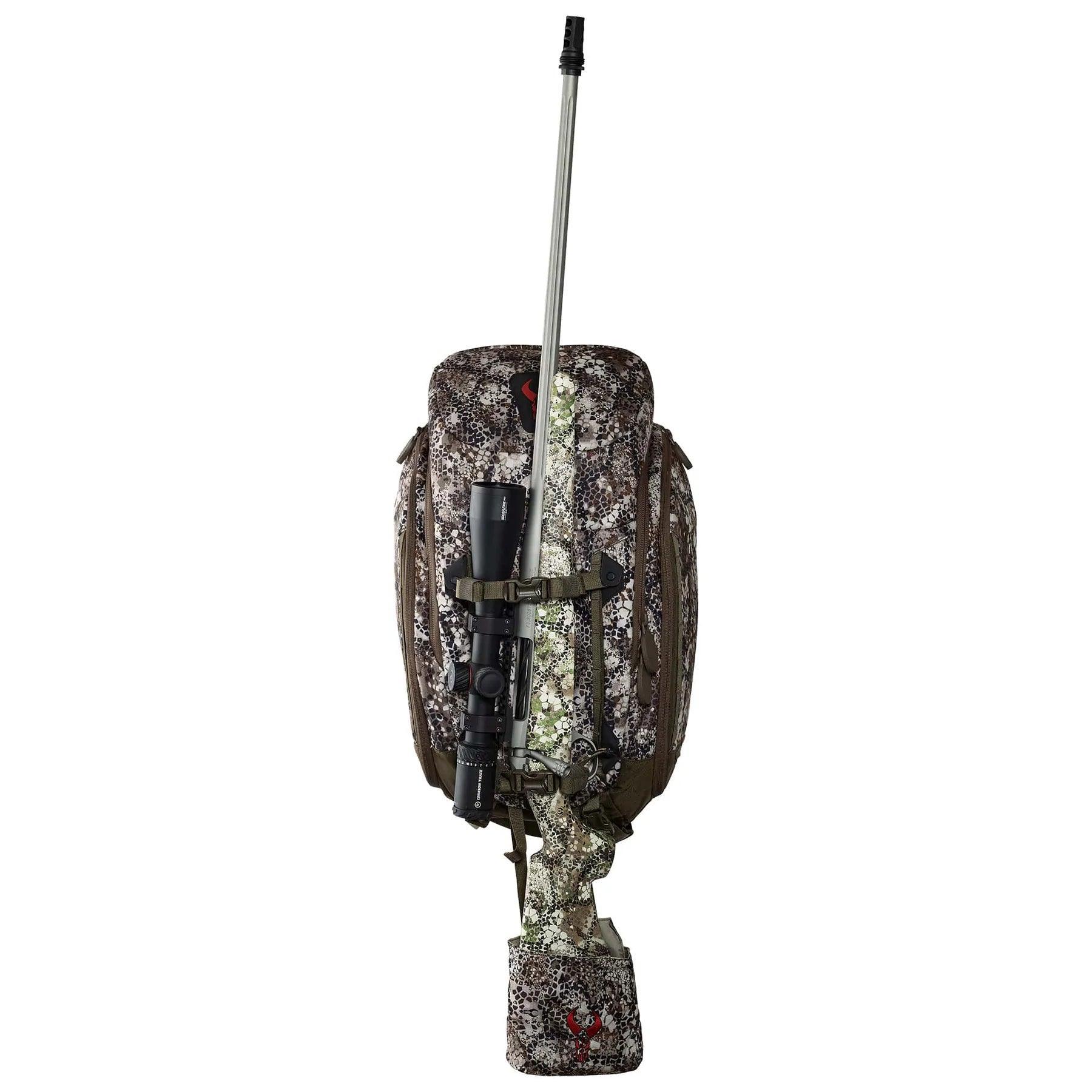 Badlands Connect camo hunting backpack with rifle holder, front view on white background