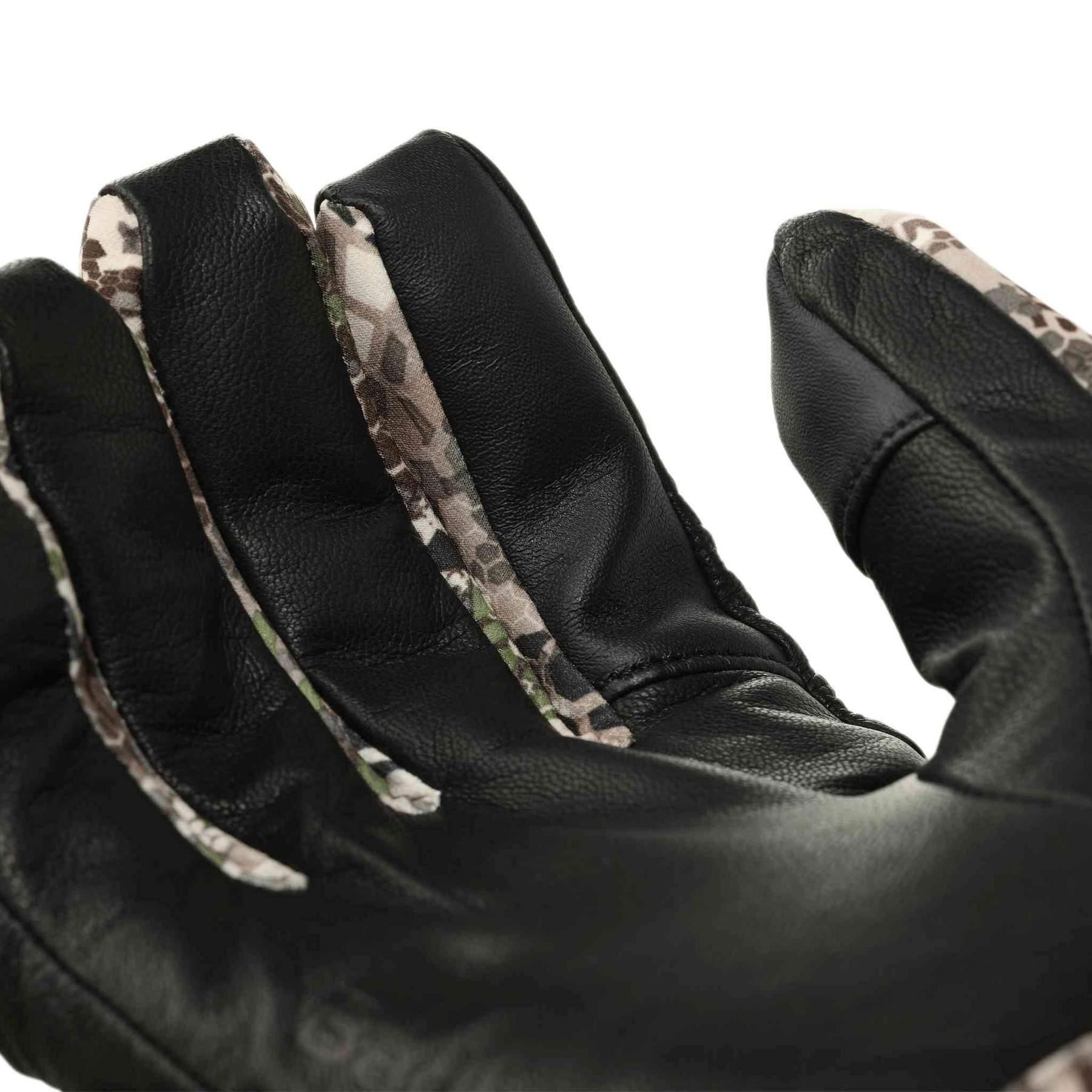 Black leather Badlands Convection glove with camo accents on fingers, outdoor gear closeup