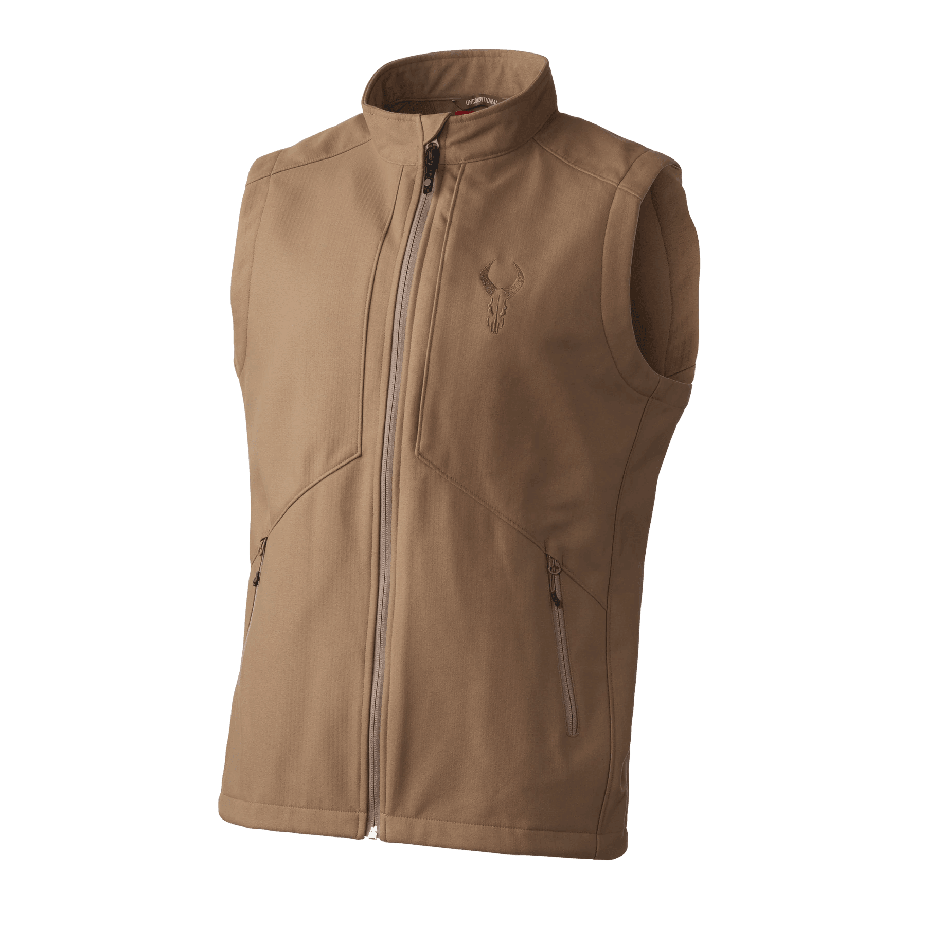 Tan Badlands Drive Vest with zippered pockets and embroidered logo, outdoor apparel