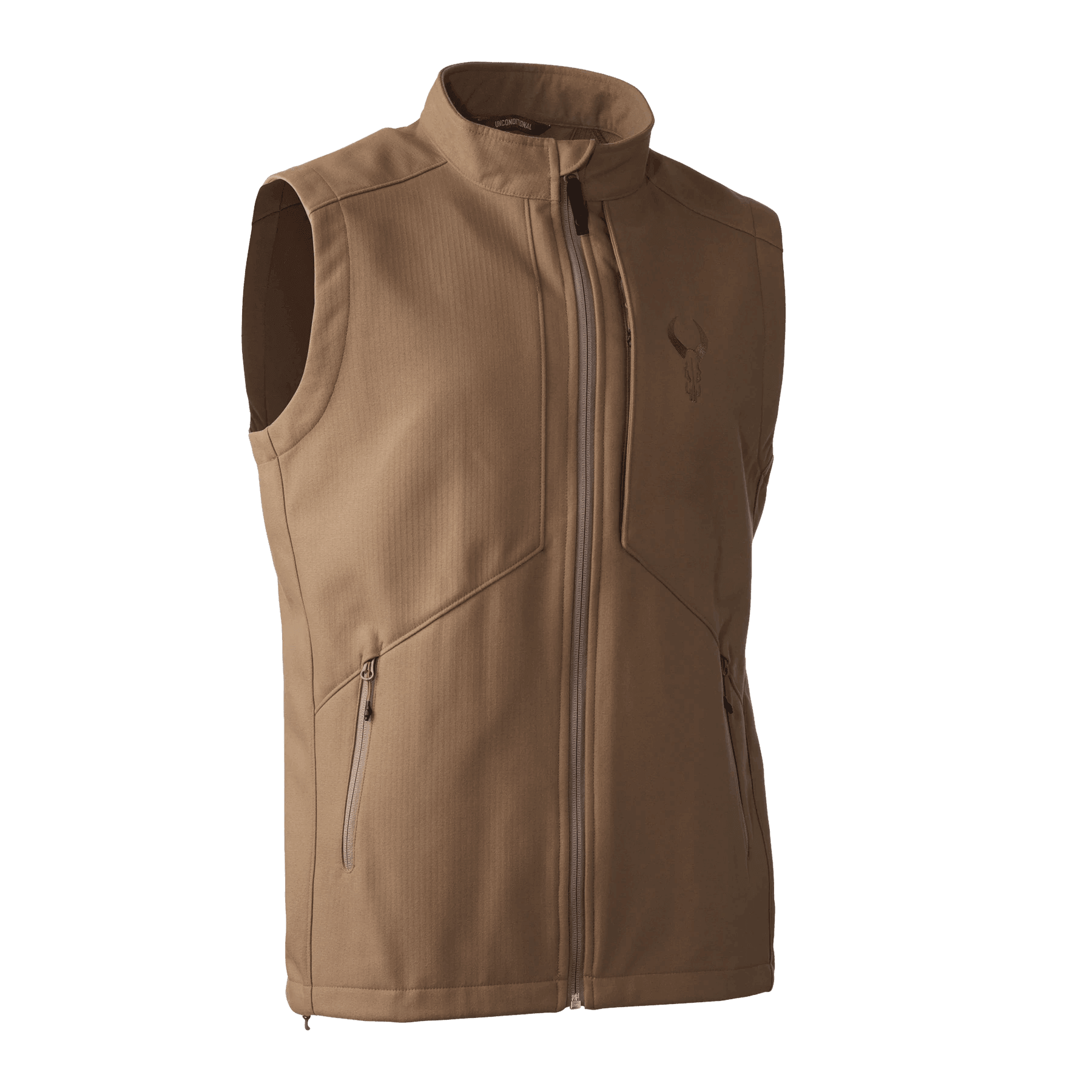 Brown outdoor zip-up vest with side pockets and subtle embroidered logo, isolated on white