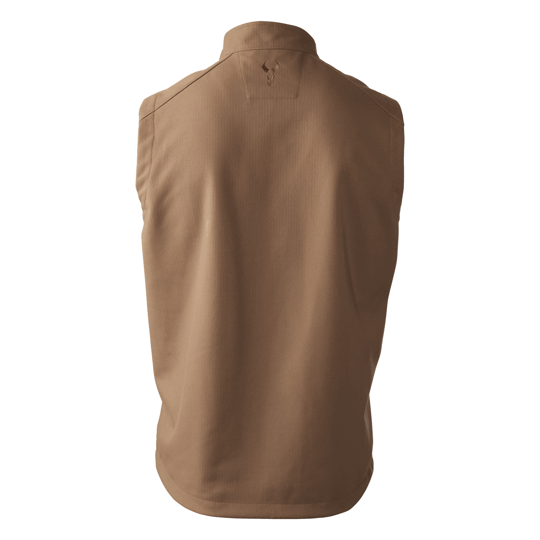 Back view of a brown outdoor sports vest with high collar on plain background