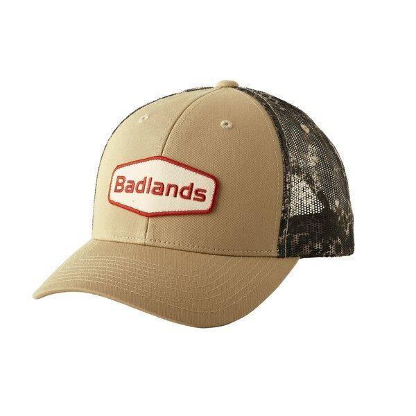 Badlands tan and camo mesh trucker hat with red embroidered logo on front