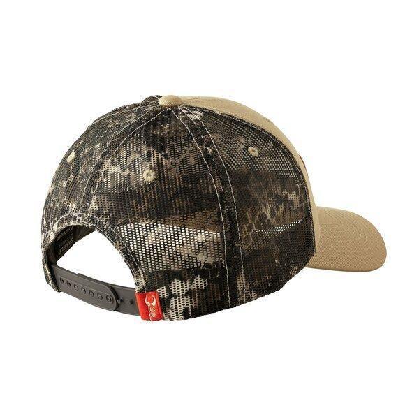 Badlands camo mesh hat with tan front and snapback closure on white background