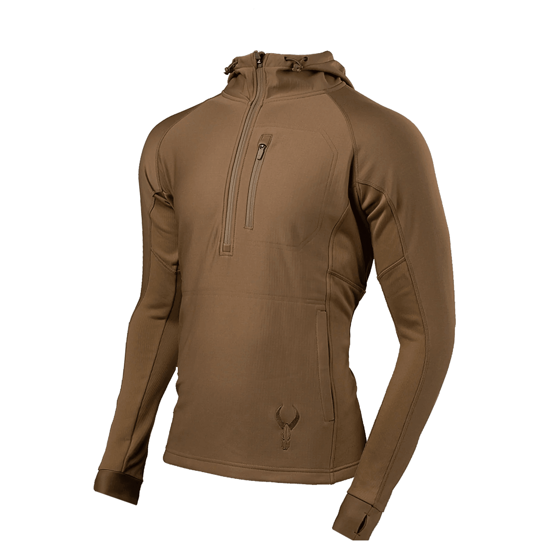 Brown Badlands Flex 1/2 zip hoodie with chest pocket and hood, outdoor apparel product photo