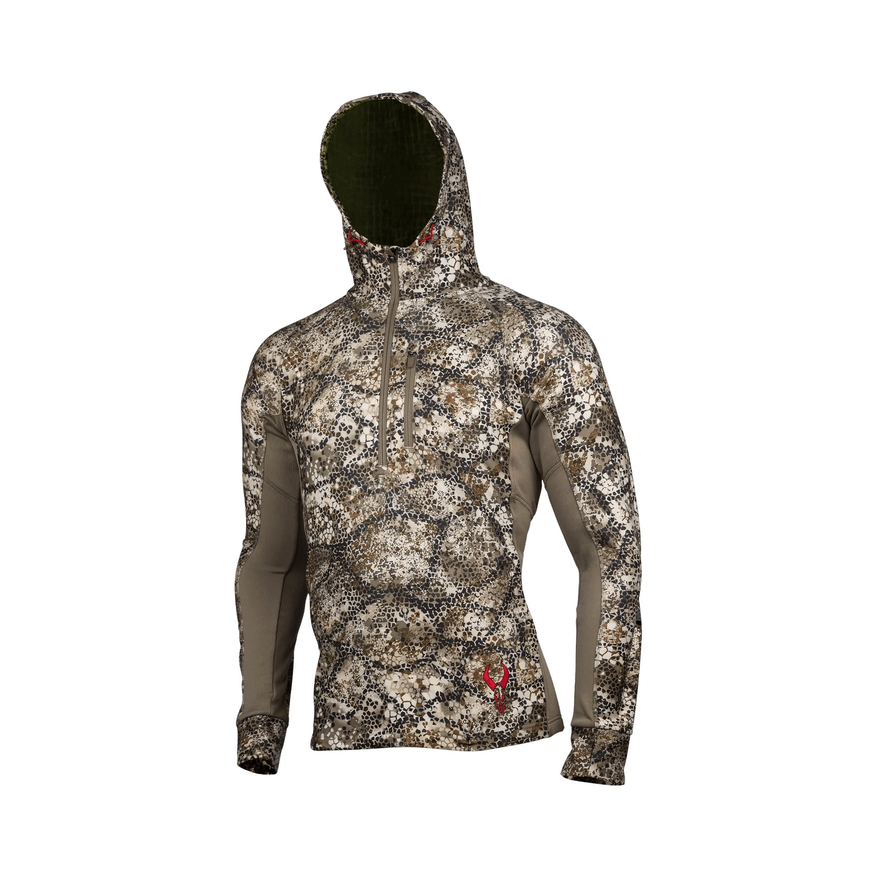 Badlands Flex 1/2 zip camo hoodie with hood, outdoor hunting apparel, front logo